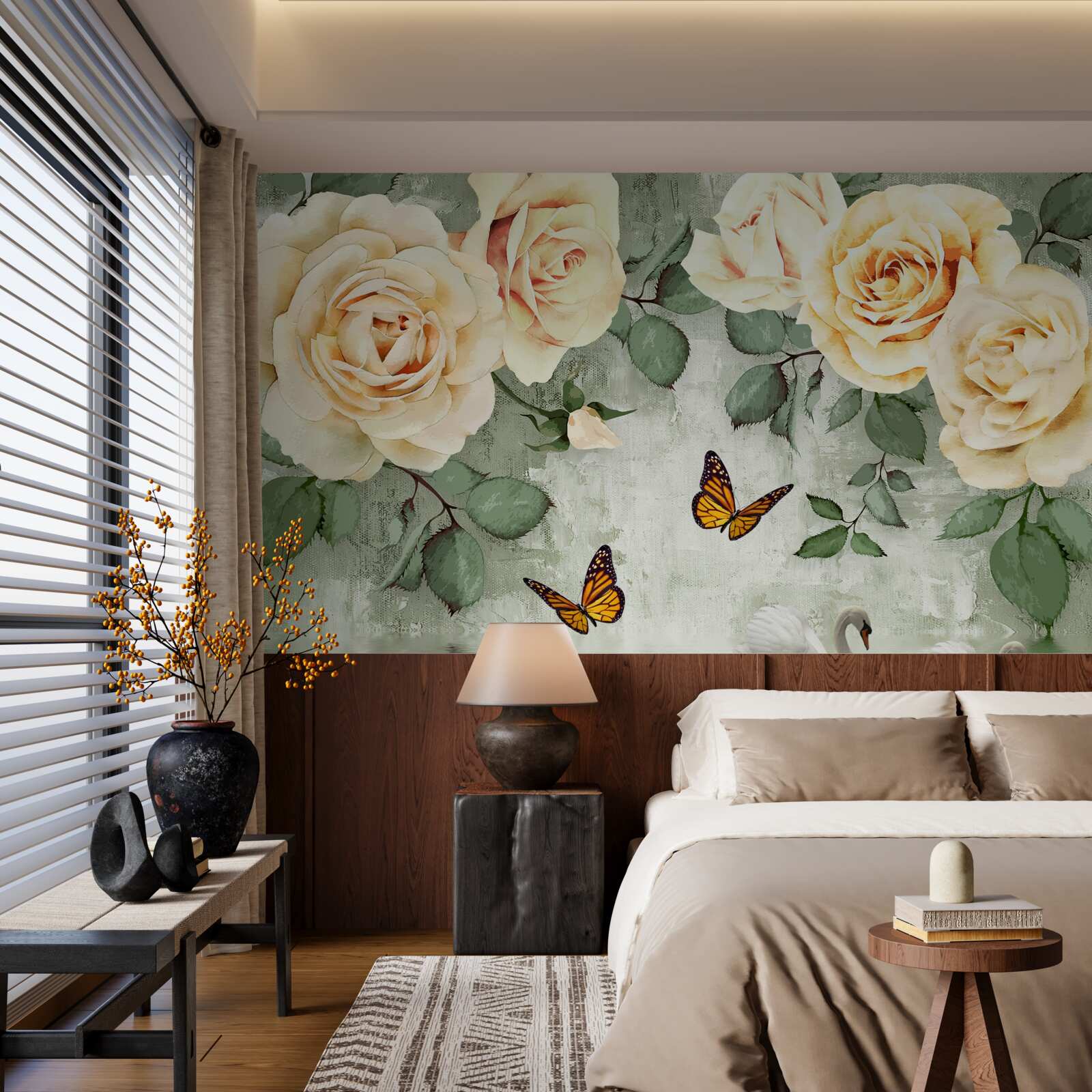 Fototapeta krémové ruže s motýľmi v blízkosti