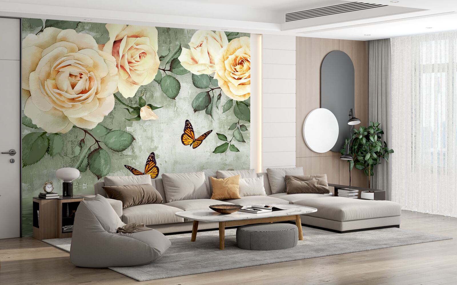 Fototapeta krémové ruže s motýľmi v blízkosti