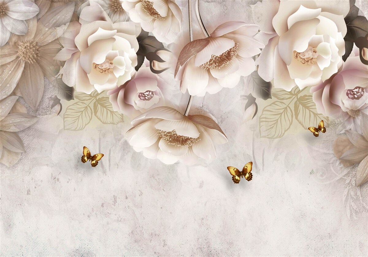 Fototapeta ruže v odtieňoch krémovej a svetlé motýle