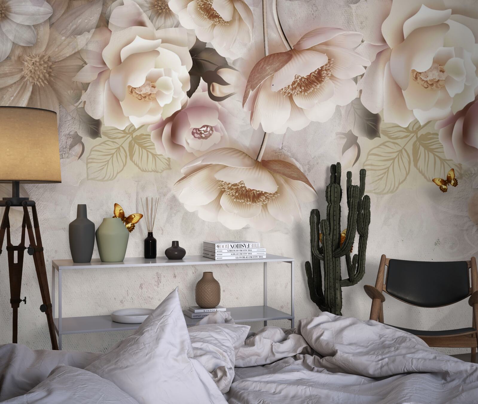 Fototapeta ruže v odtieňoch krémovej a svetlé motýle