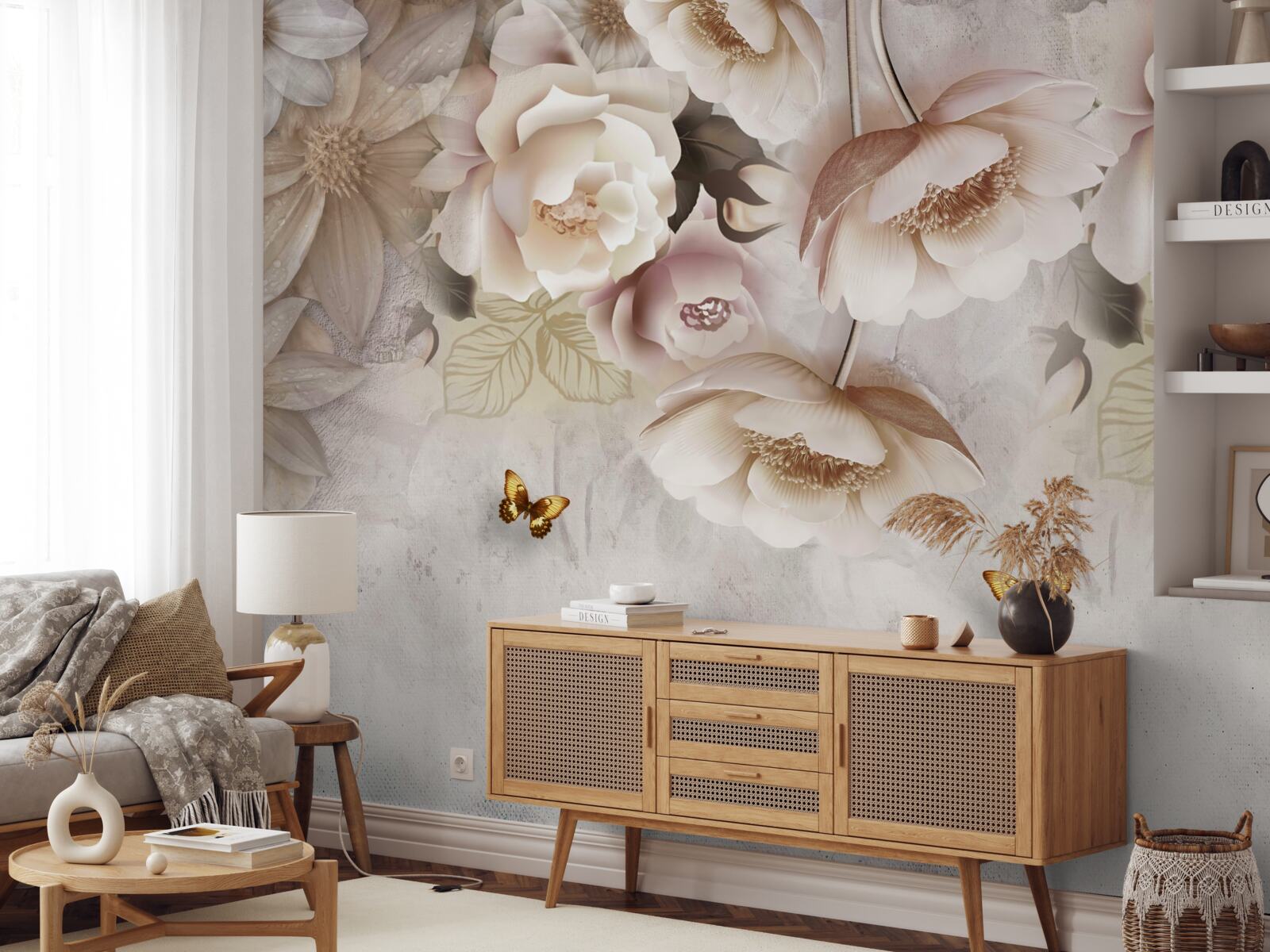 Fototapeta ruže v odtieňoch krémovej a svetlé motýle