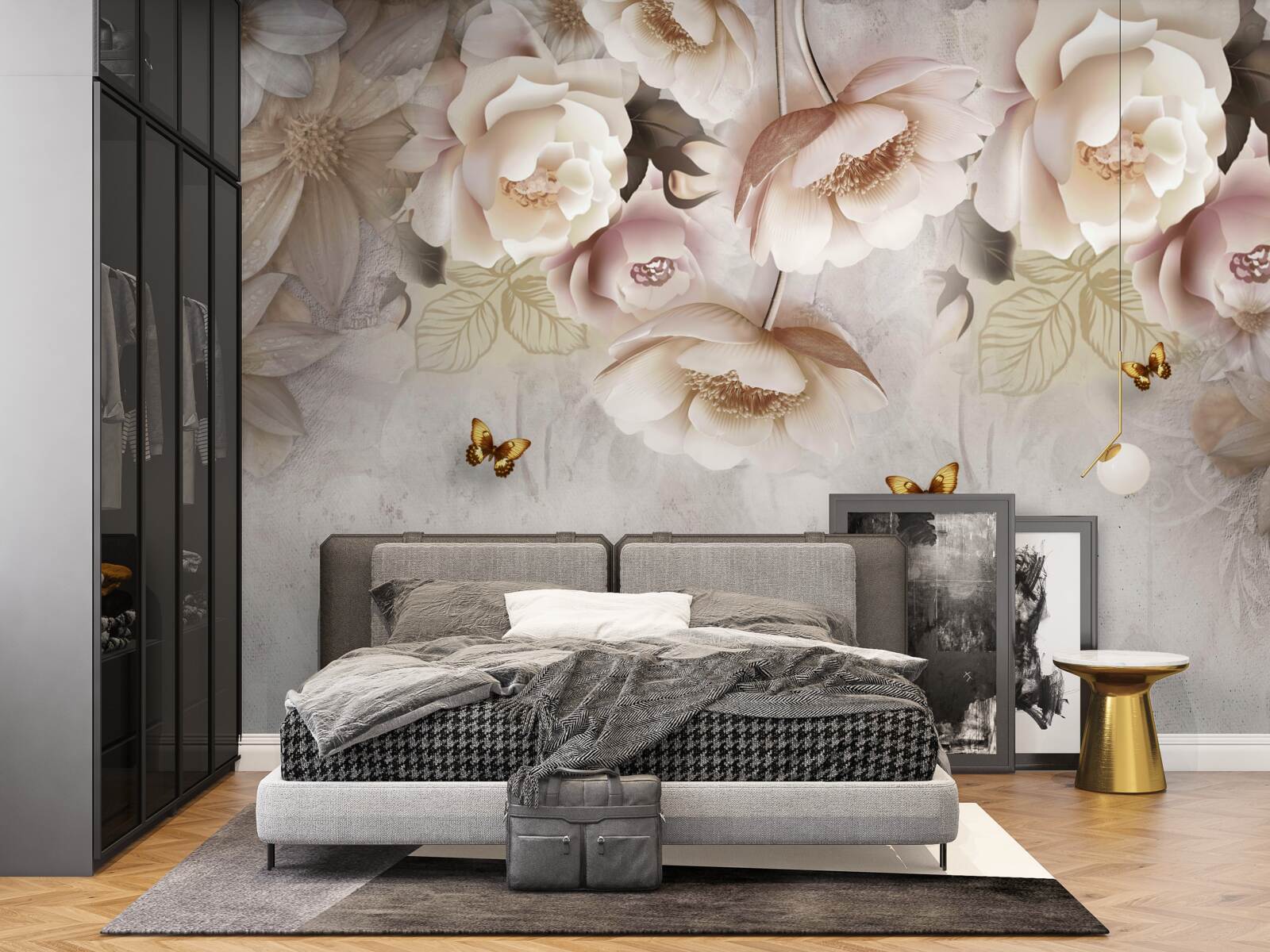 Fototapeta ruže v odtieňoch krémovej a svetlé motýle