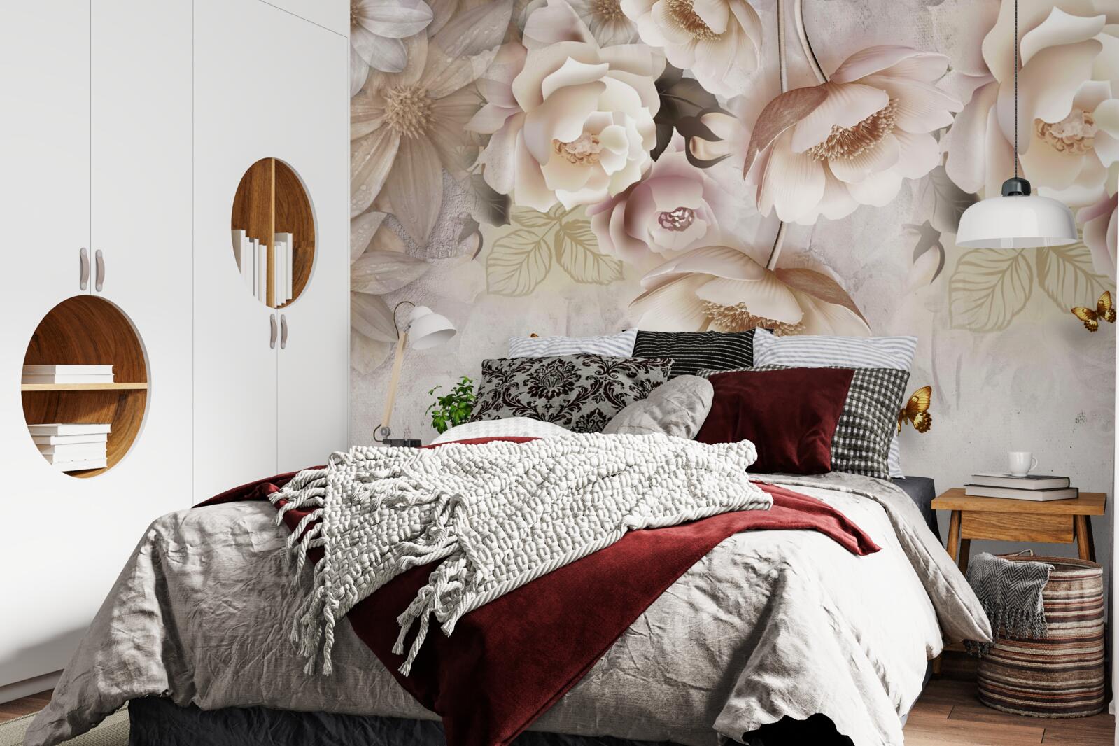 Fototapeta ruže v odtieňoch krémovej a svetlé motýle