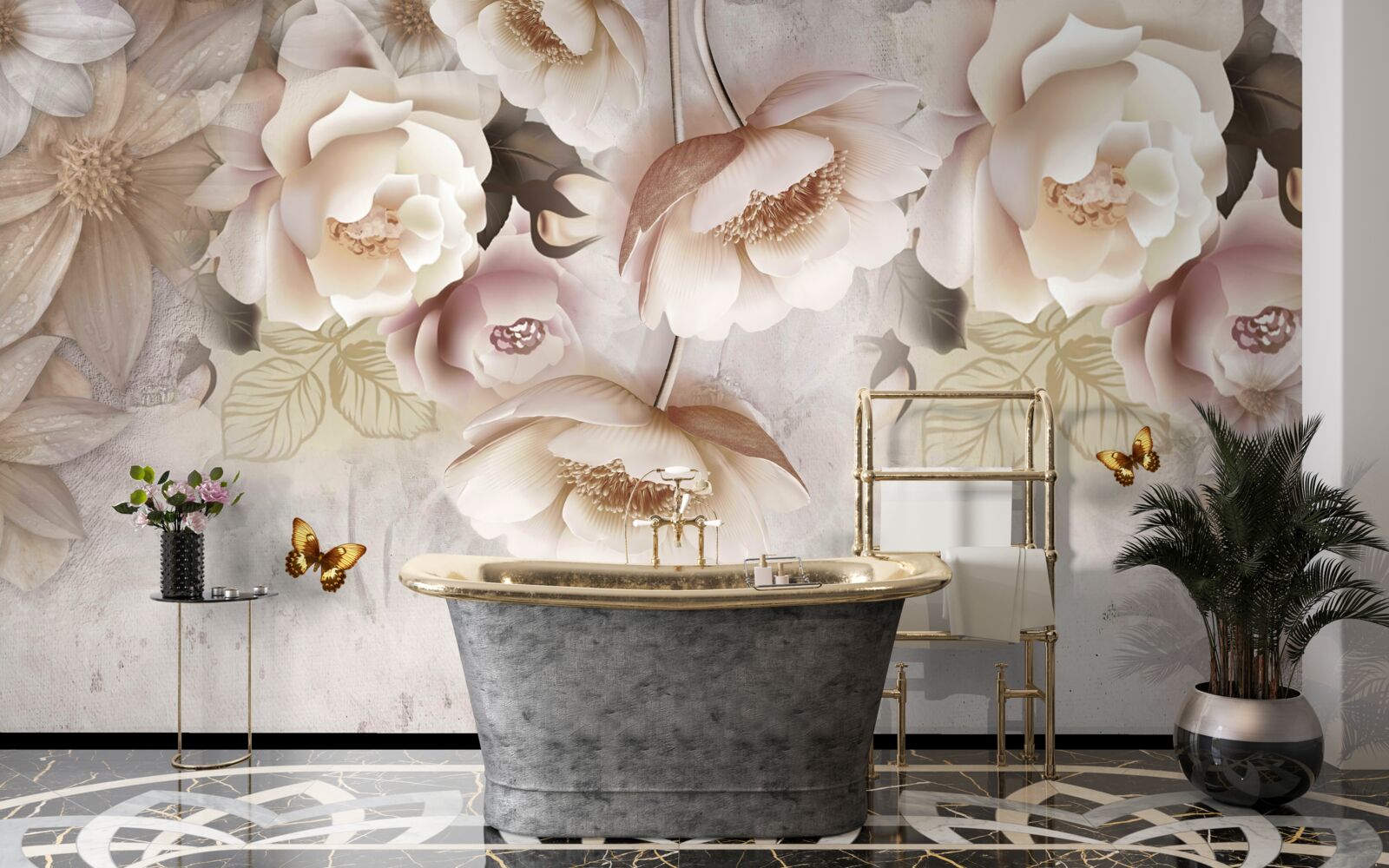 Fototapeta ruže v odtieňoch krémovej a svetlé motýle