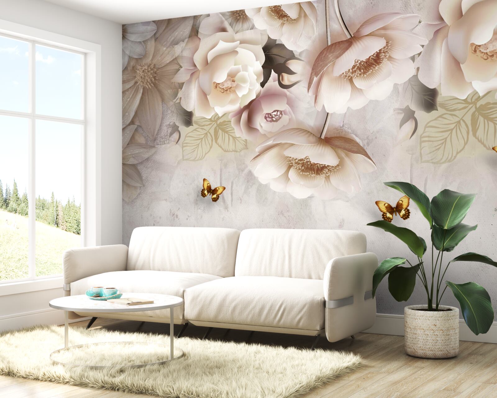 Fototapeta ruže v odtieňoch krémovej a svetlé motýle