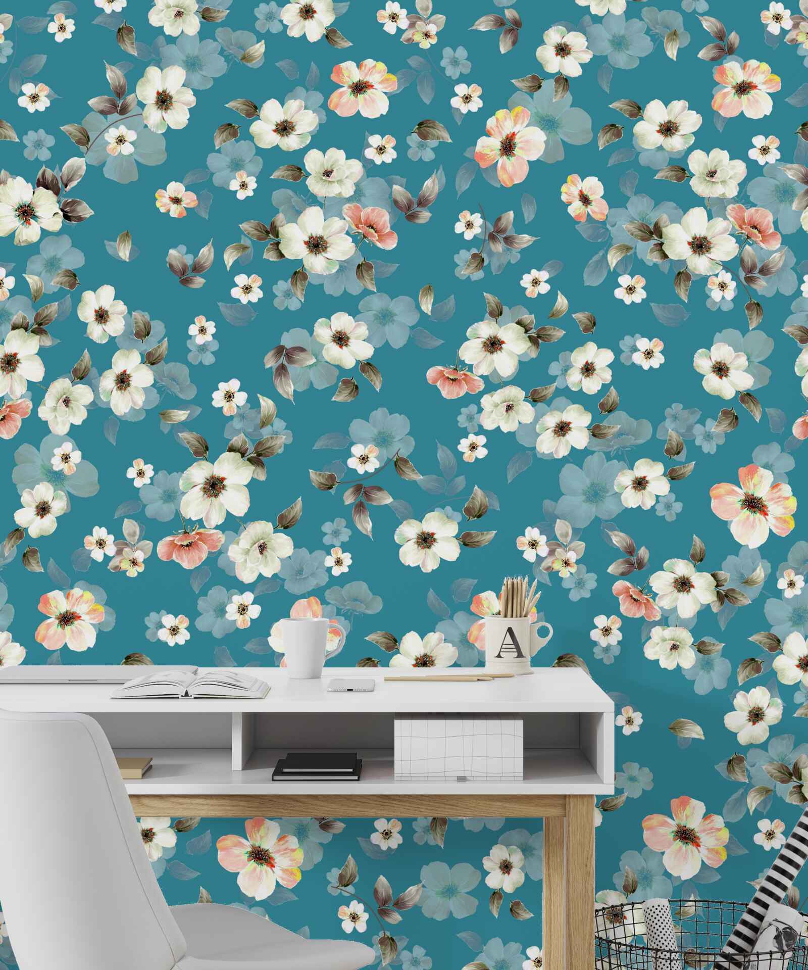 Fototapeta drobné kvietky na modrom podklade