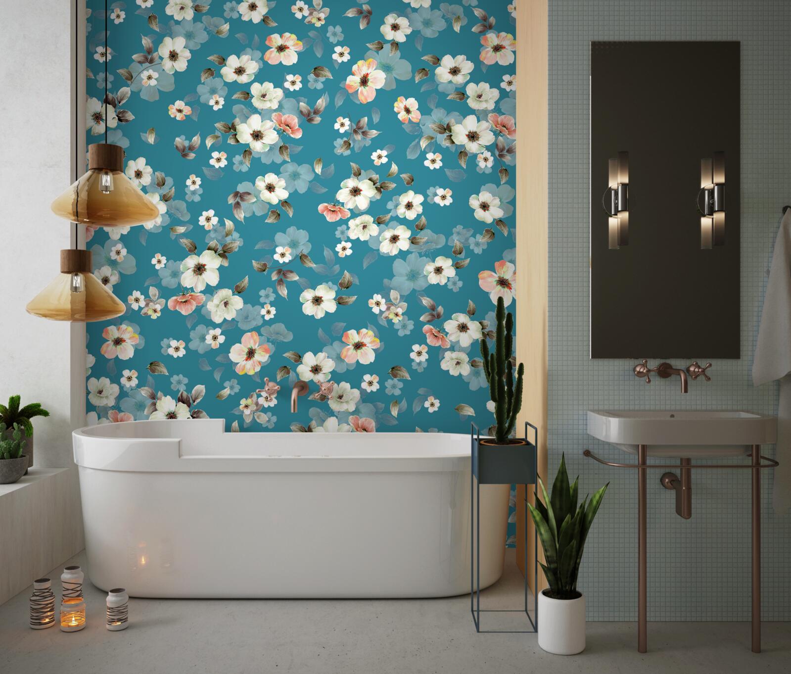 Fototapeta drobné kvietky na modrom podklade