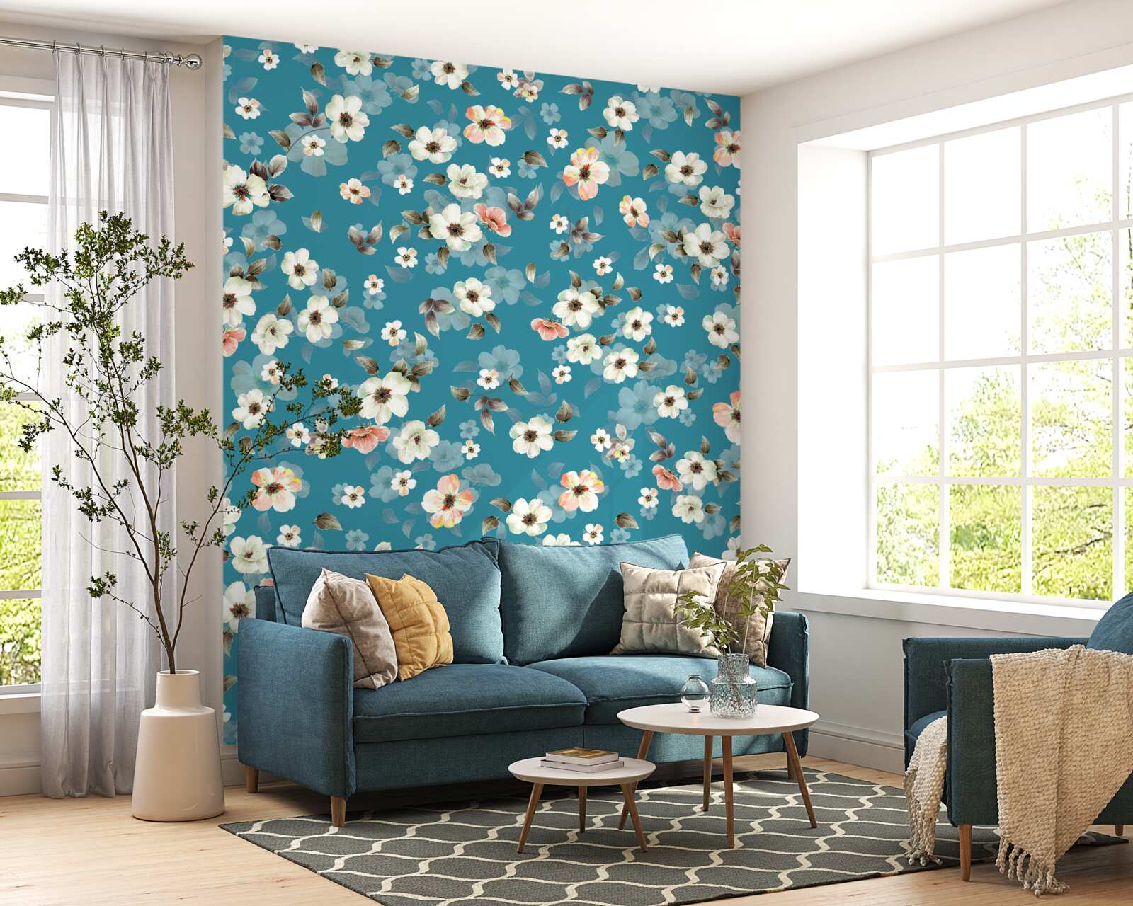 Fototapeta drobné kvietky na modrom podklade