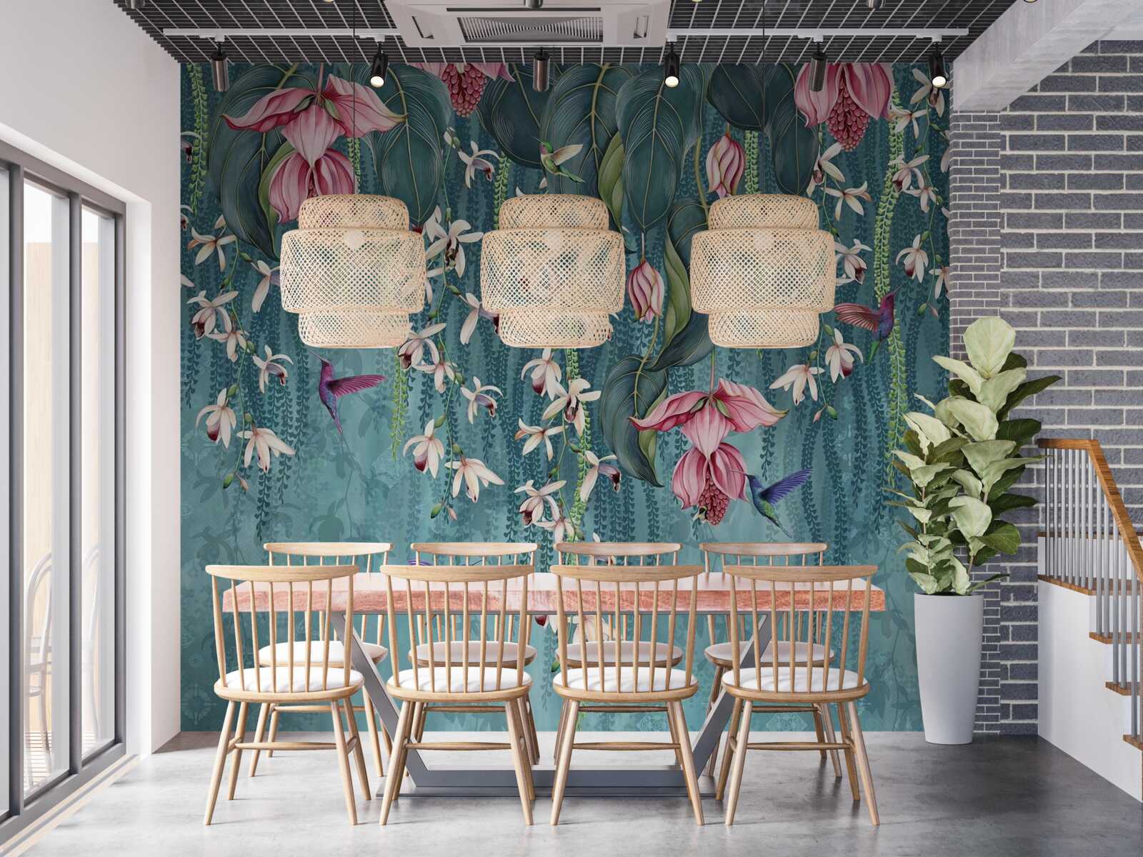 Fototapeta kvety a zelené konáre visiace zhora a kolibríky