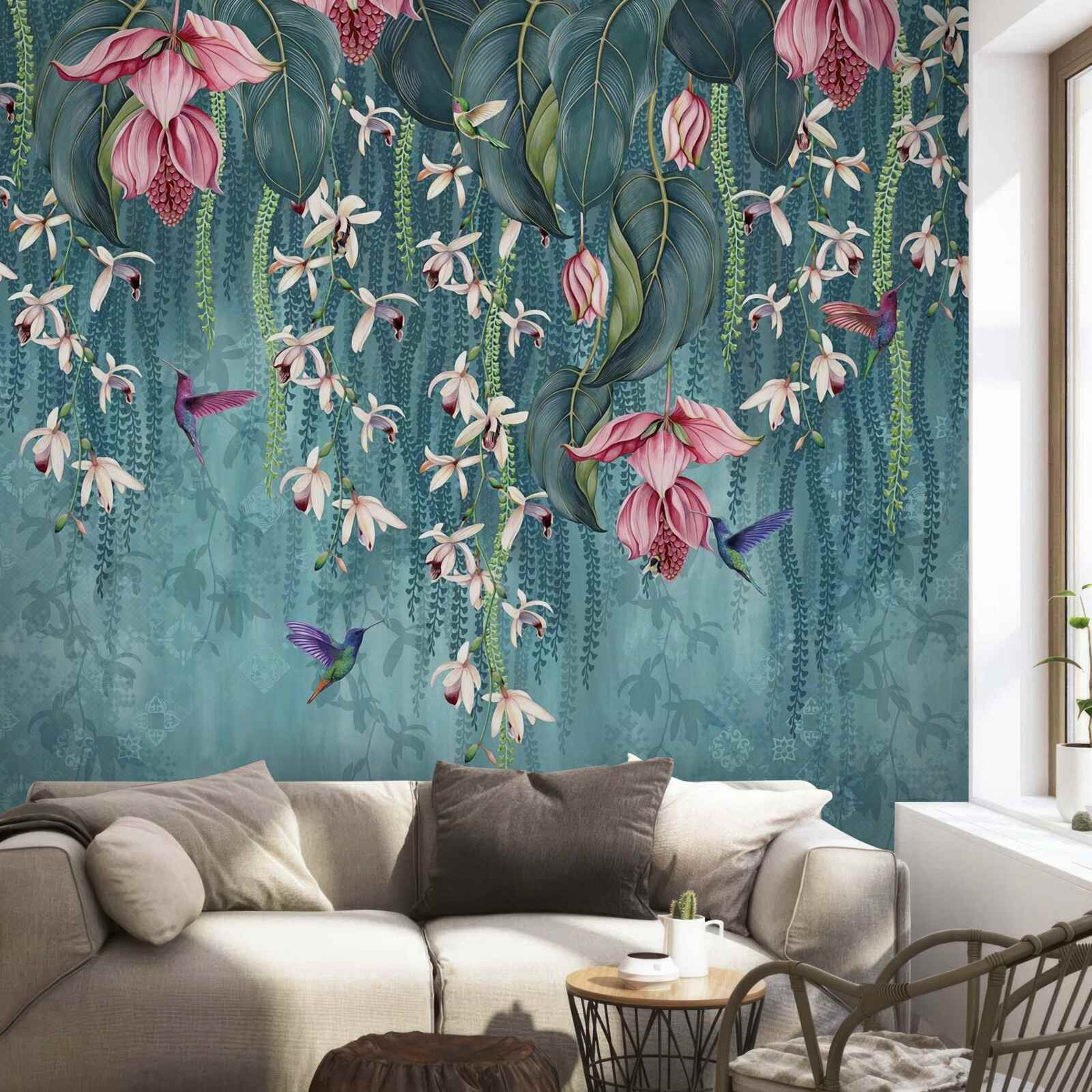 Fototapeta kvety a zelené konáre visiace zhora a kolibríky