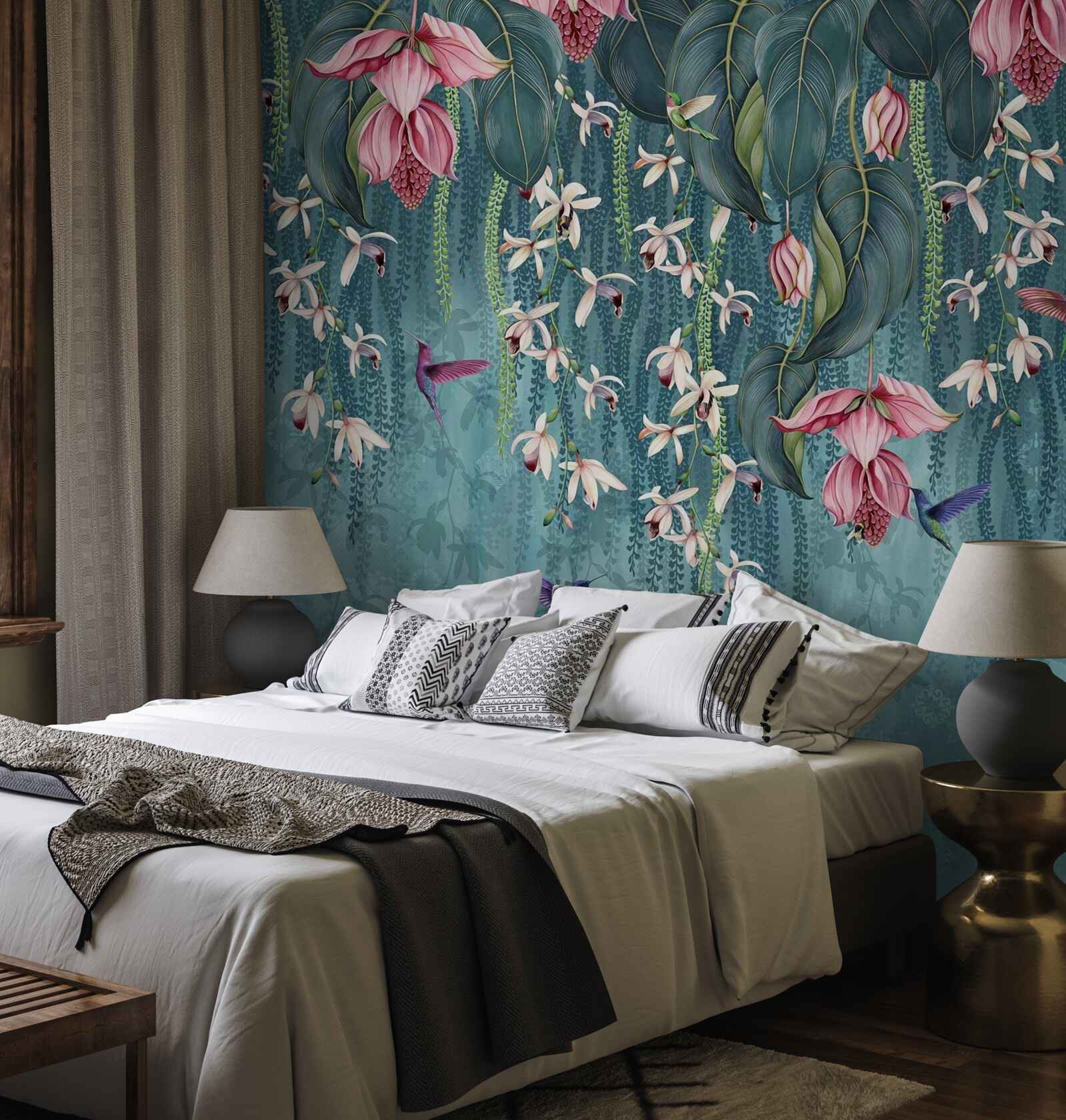 Fototapeta kvety a zelené konáre visiace zhora a kolibríky