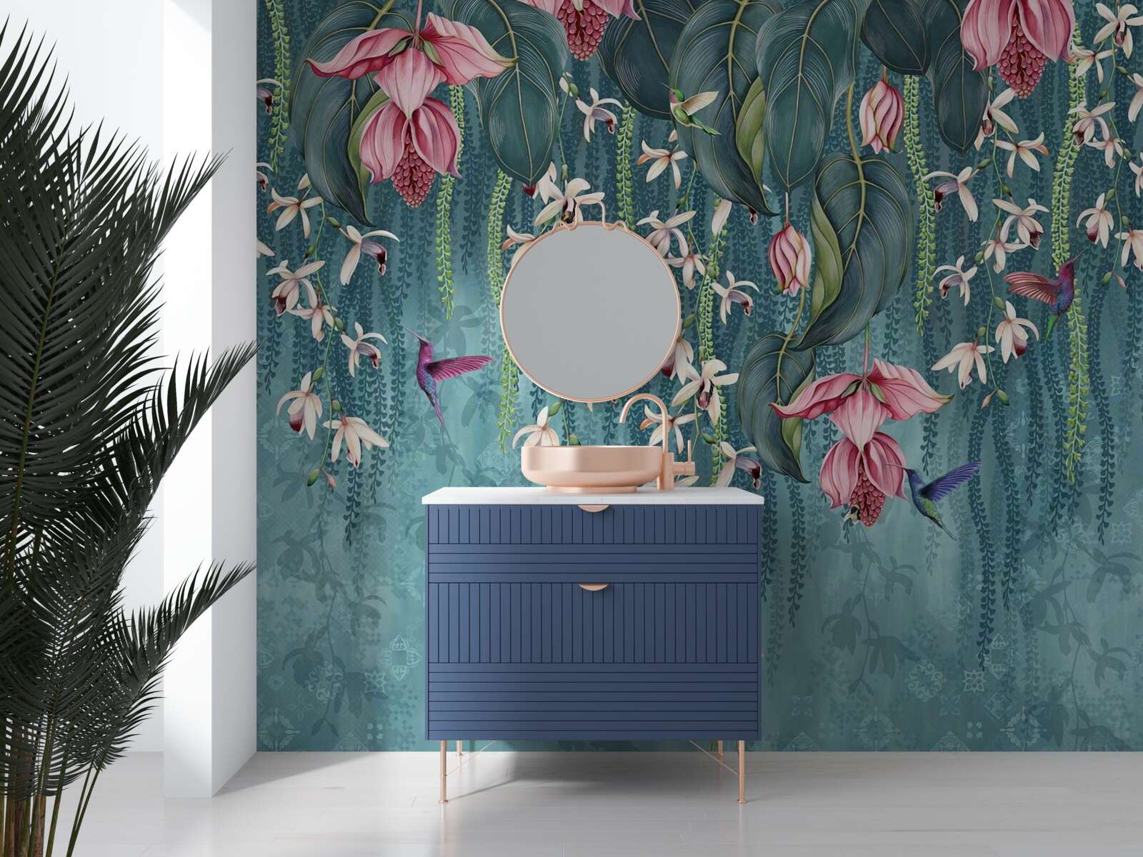 Fototapeta kvety a zelené konáre visiace zhora a kolibríky