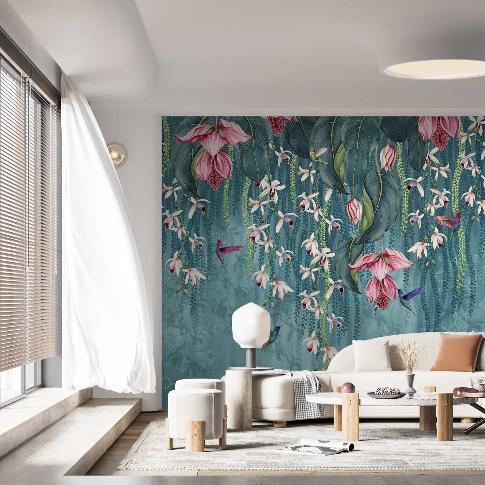 Fototapeta kvety a zelené konáre visiace zhora a kolibríky