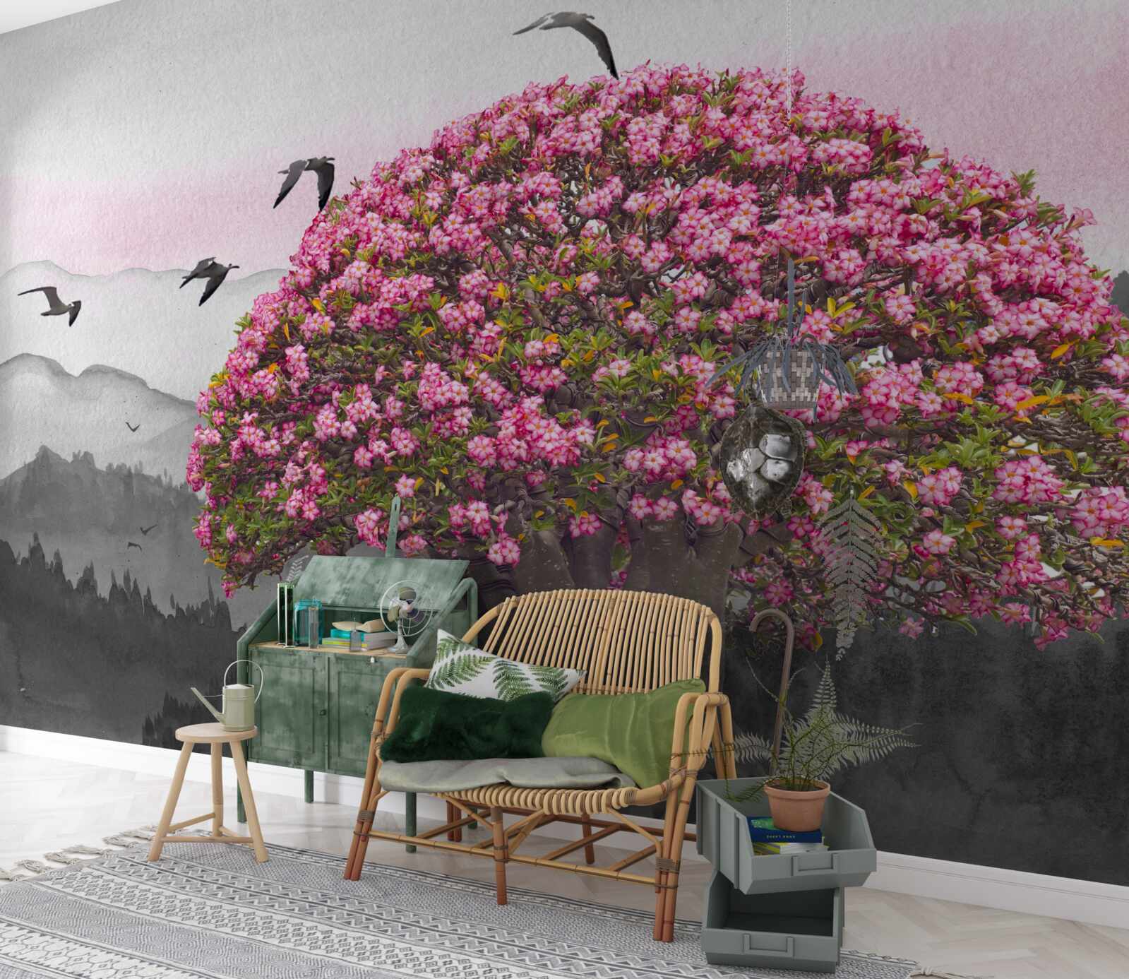 Fototapeta vtáky lietajú nad kvitnúcim stromom