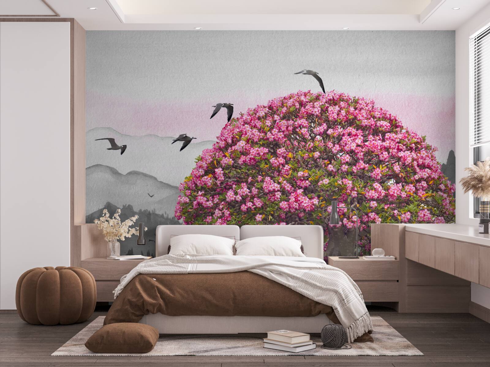 Fototapeta vtáky lietajú nad kvitnúcim stromom