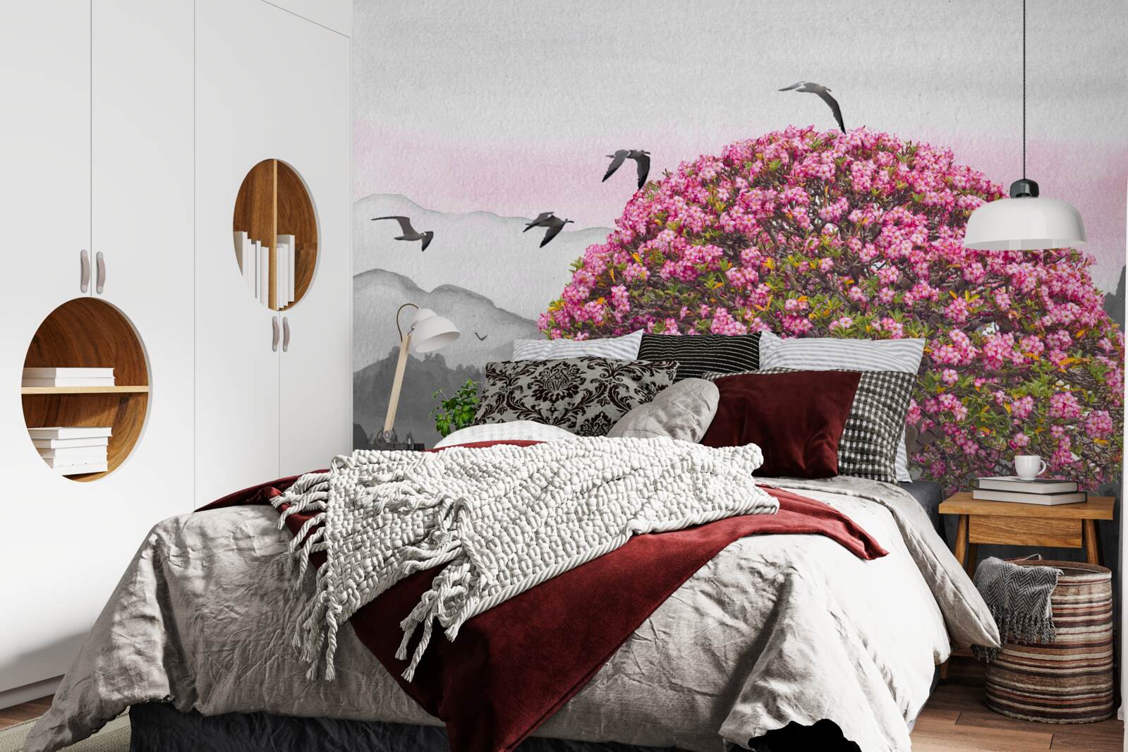 Fototapeta vtáky lietajú nad kvitnúcim stromom