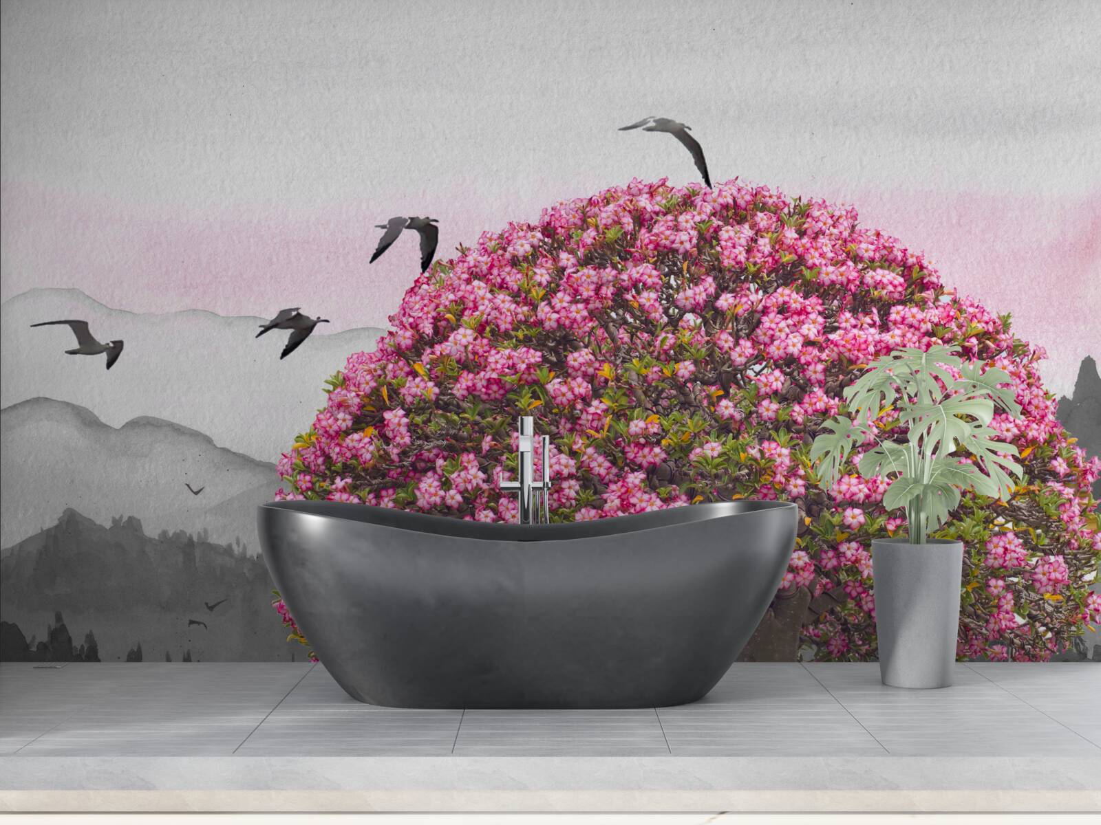 Fototapeta vtáky lietajú nad kvitnúcim stromom