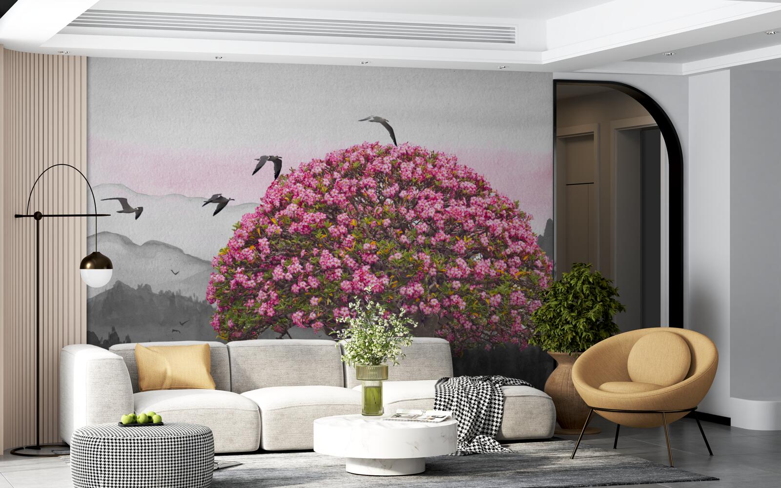 Fototapeta vtáky lietajú nad kvitnúcim stromom