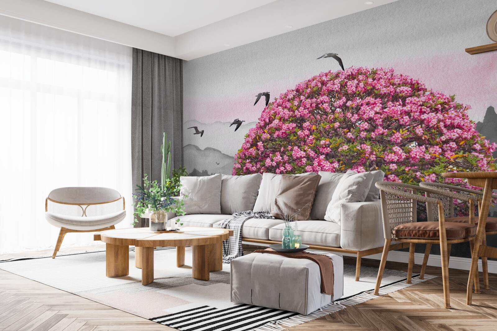 Fototapeta vtáky lietajú nad kvitnúcim stromom