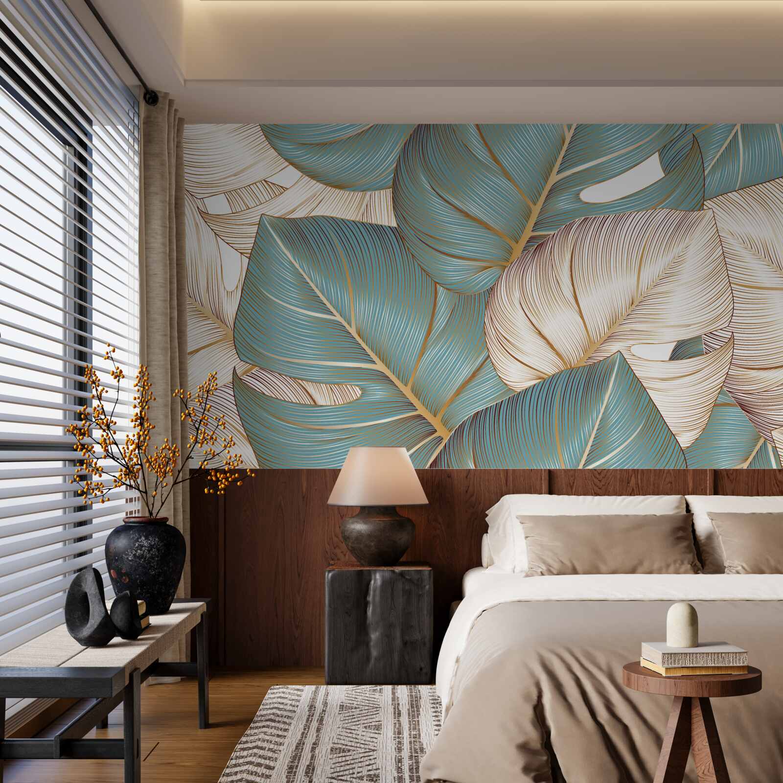 Fototapeta veľké listy v zelenej a zlatej farbe