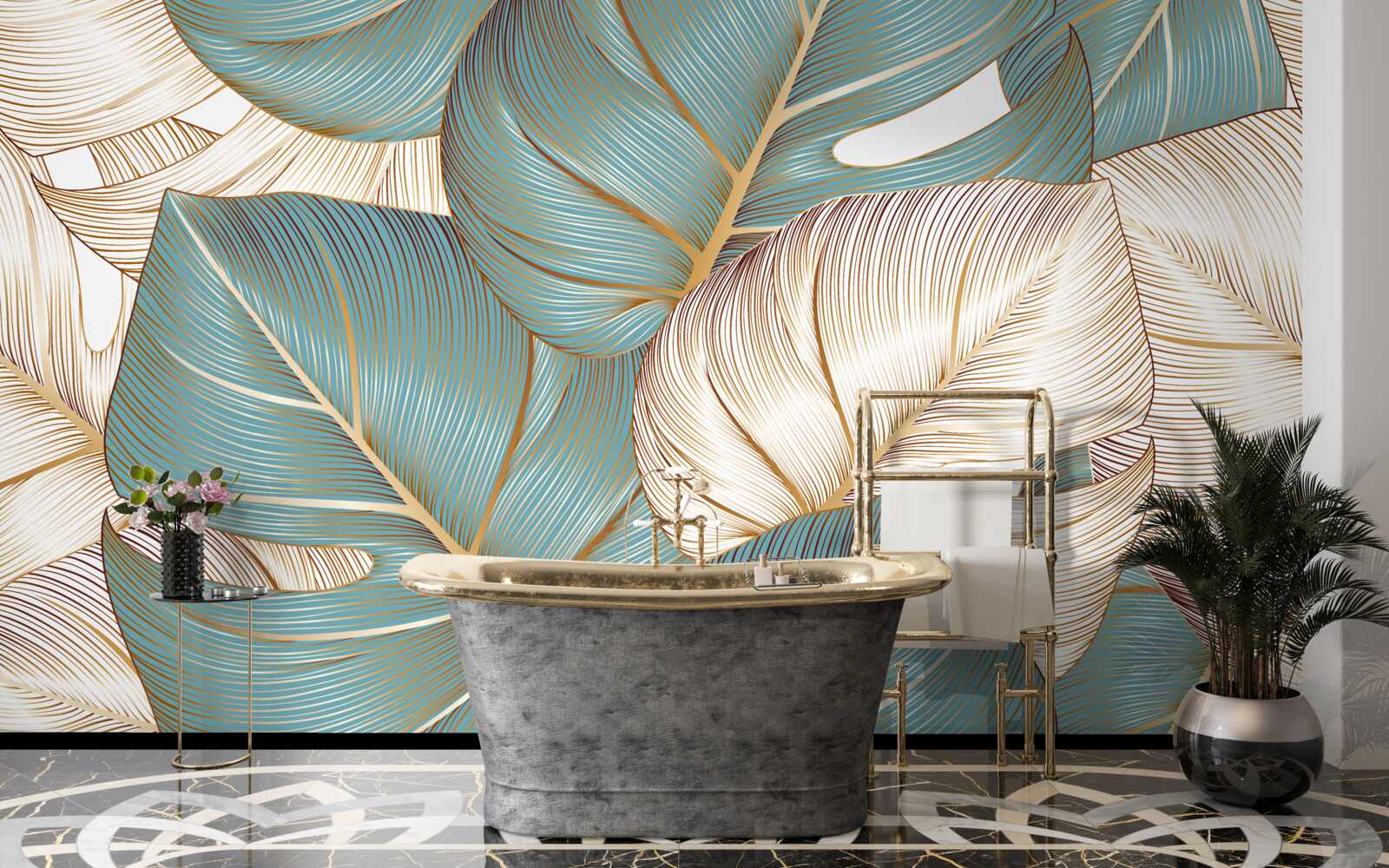 Fototapeta veľké listy v zelenej a zlatej farbe