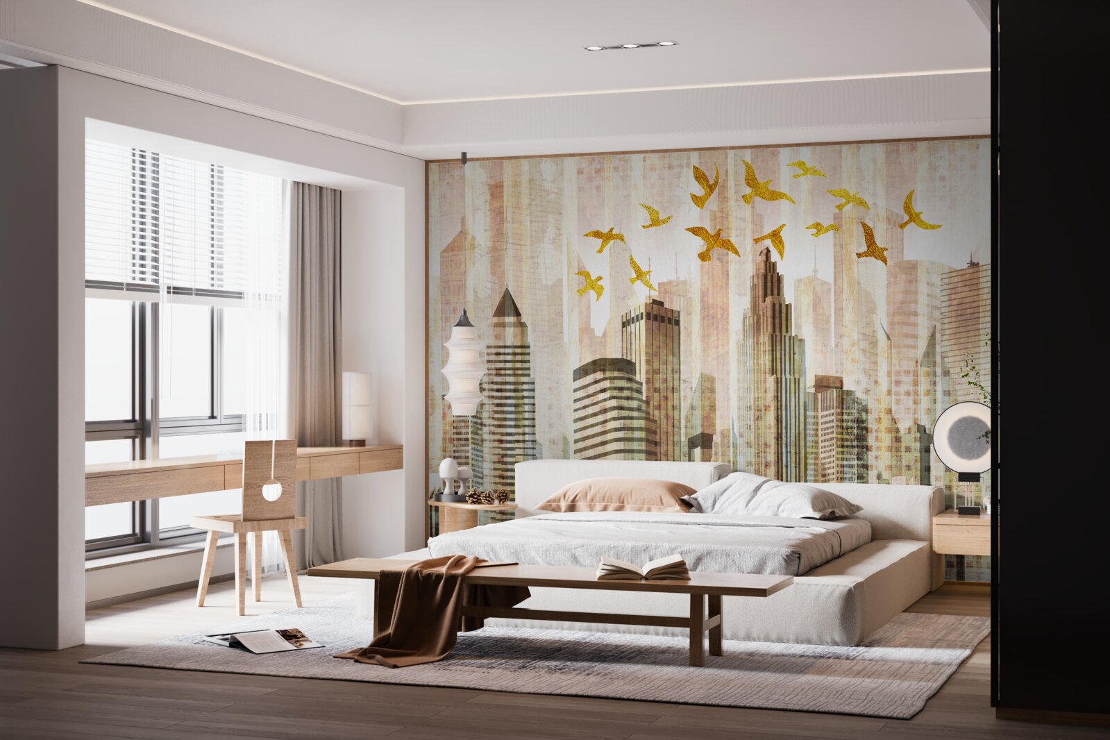 Fototapeta mrakodrapy, nad ktorými lietajú vtáky