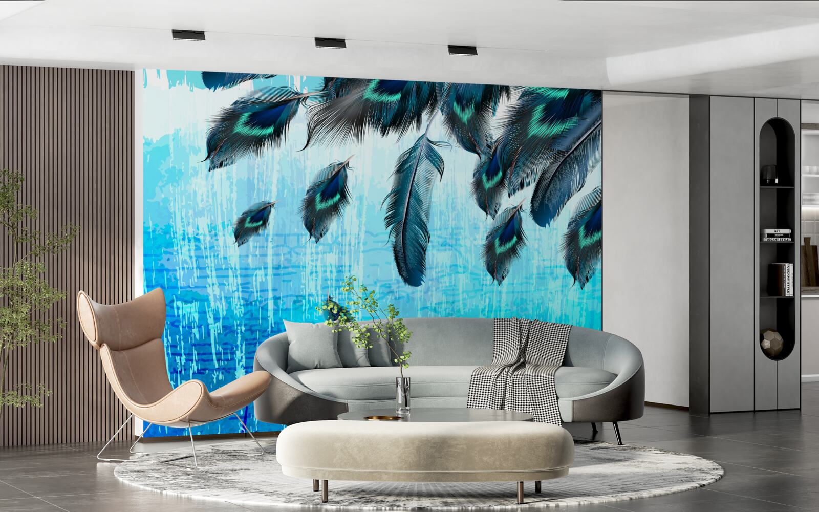 Fototapeta pávie perá na modrom pozadí