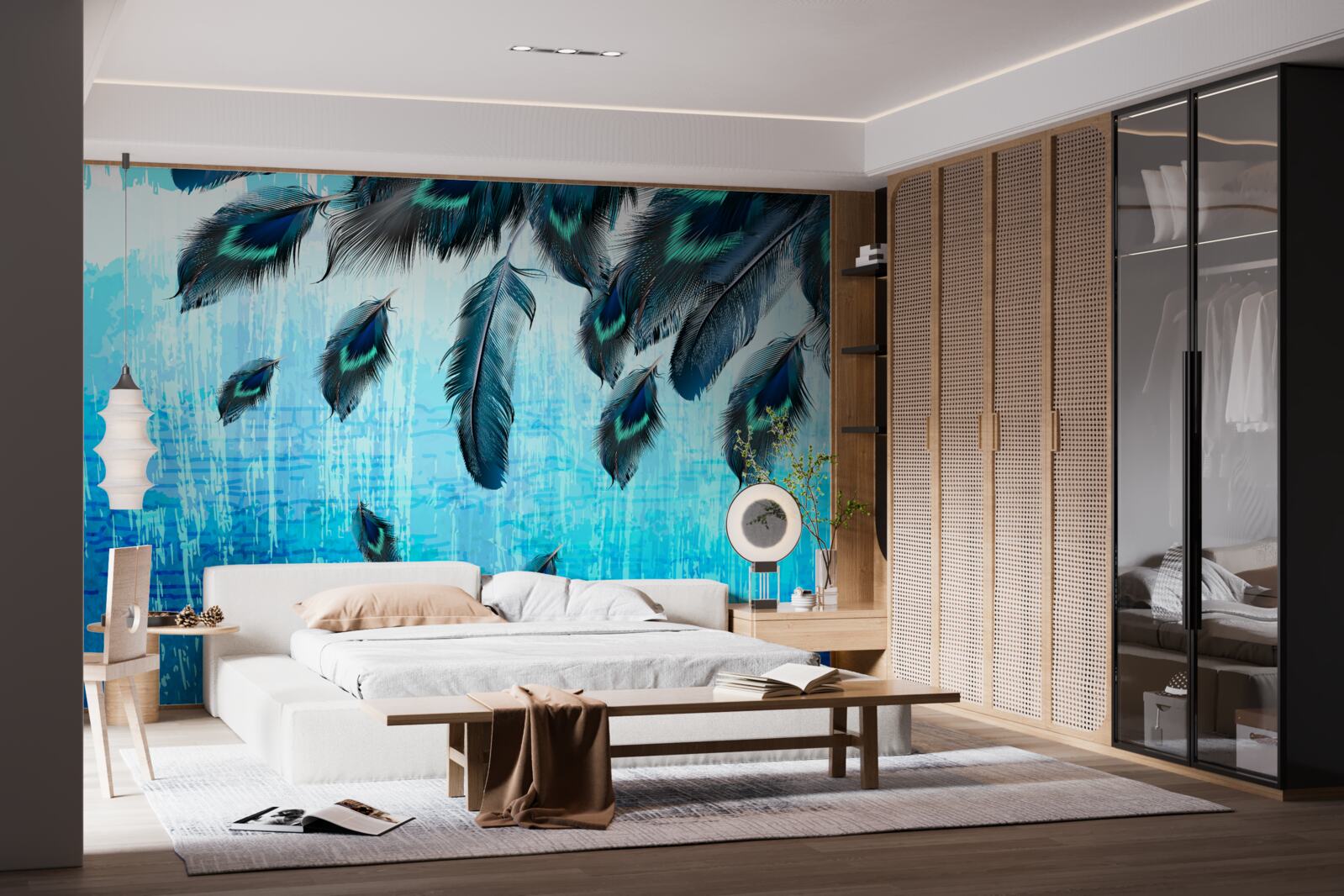 Fototapeta pávie perá na modrom pozadí