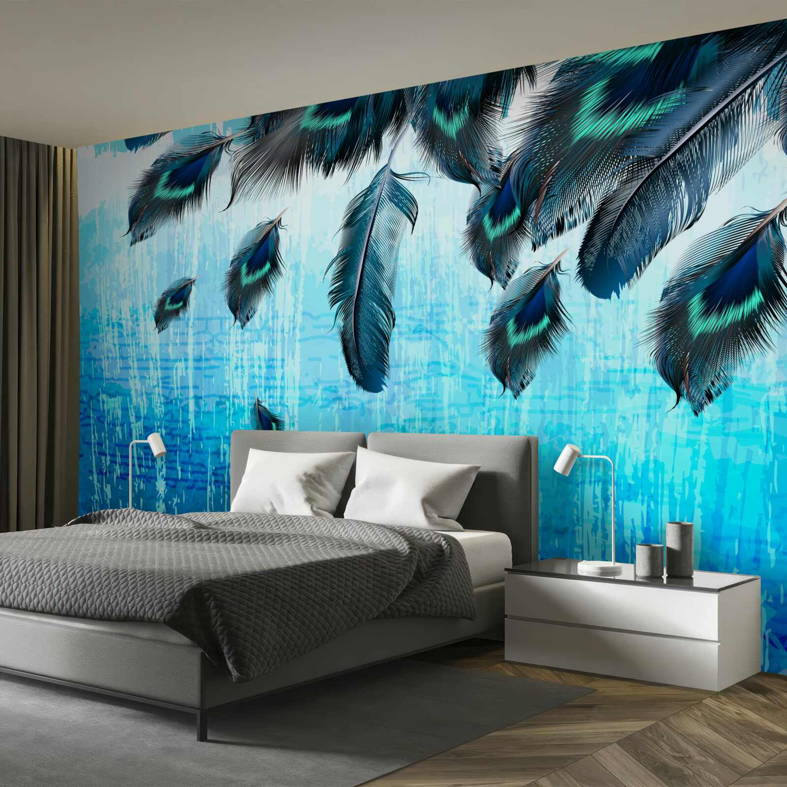 Fototapeta pávie perá na modrom pozadí