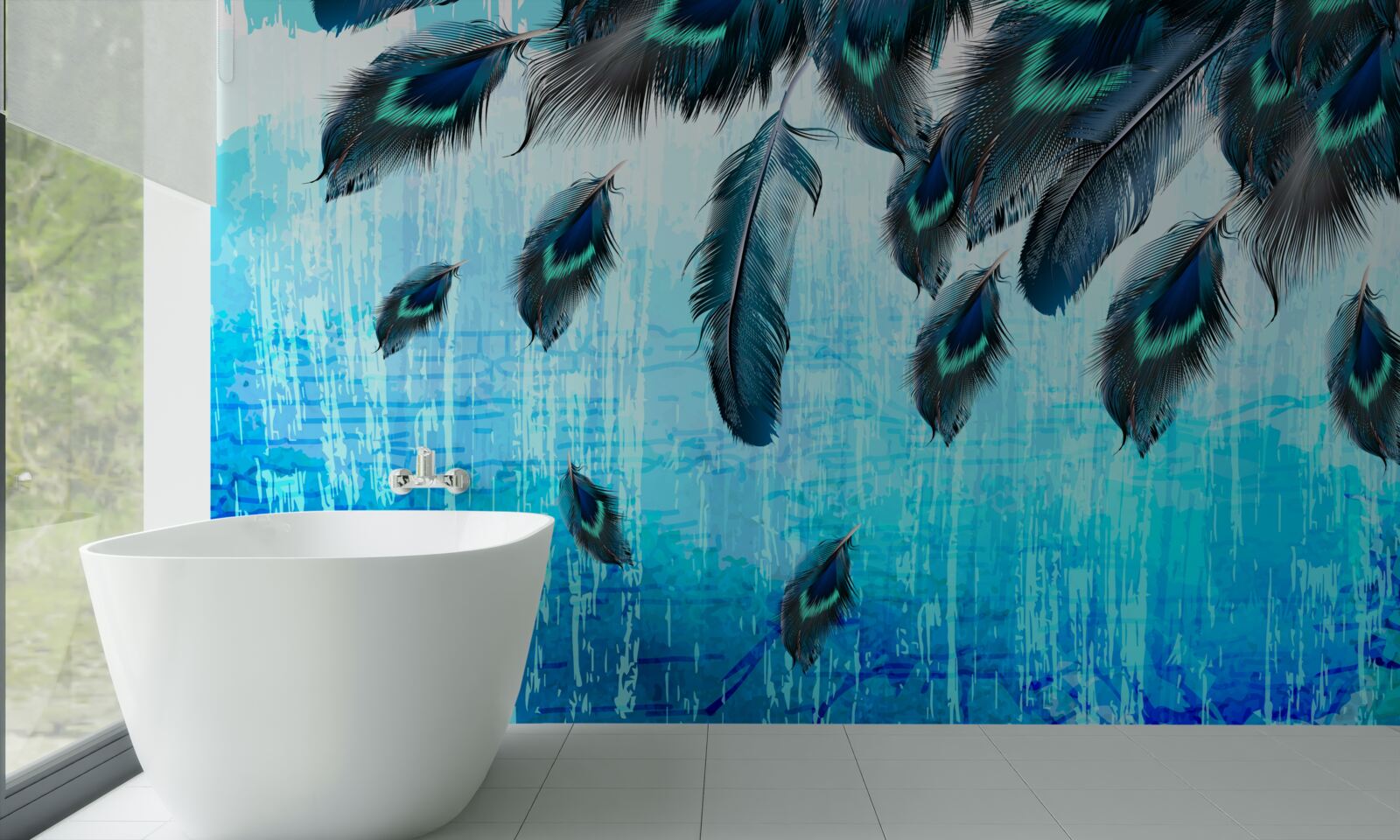 Fototapeta pávie perá na modrom pozadí