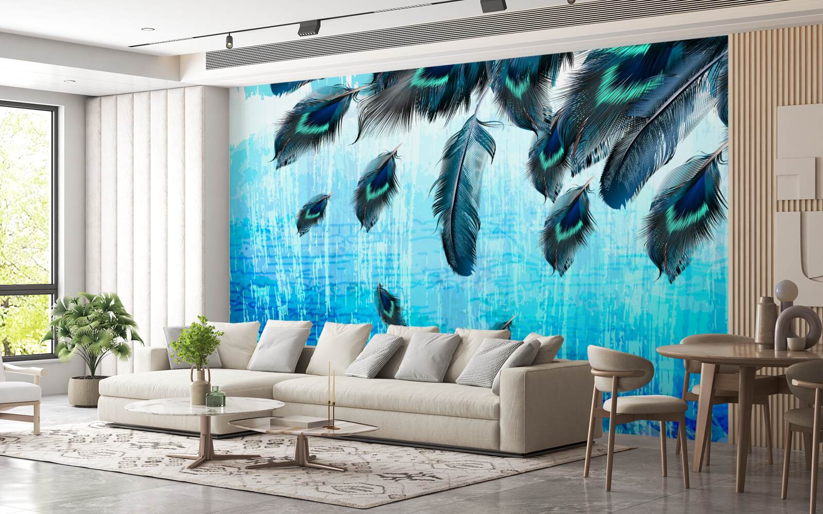 Fototapeta pávie perá na modrom pozadí