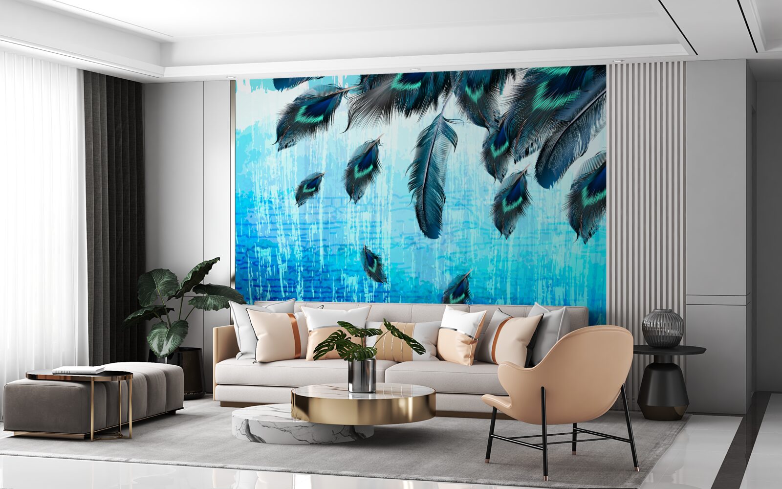 Fototapeta pávie perá na modrom pozadí