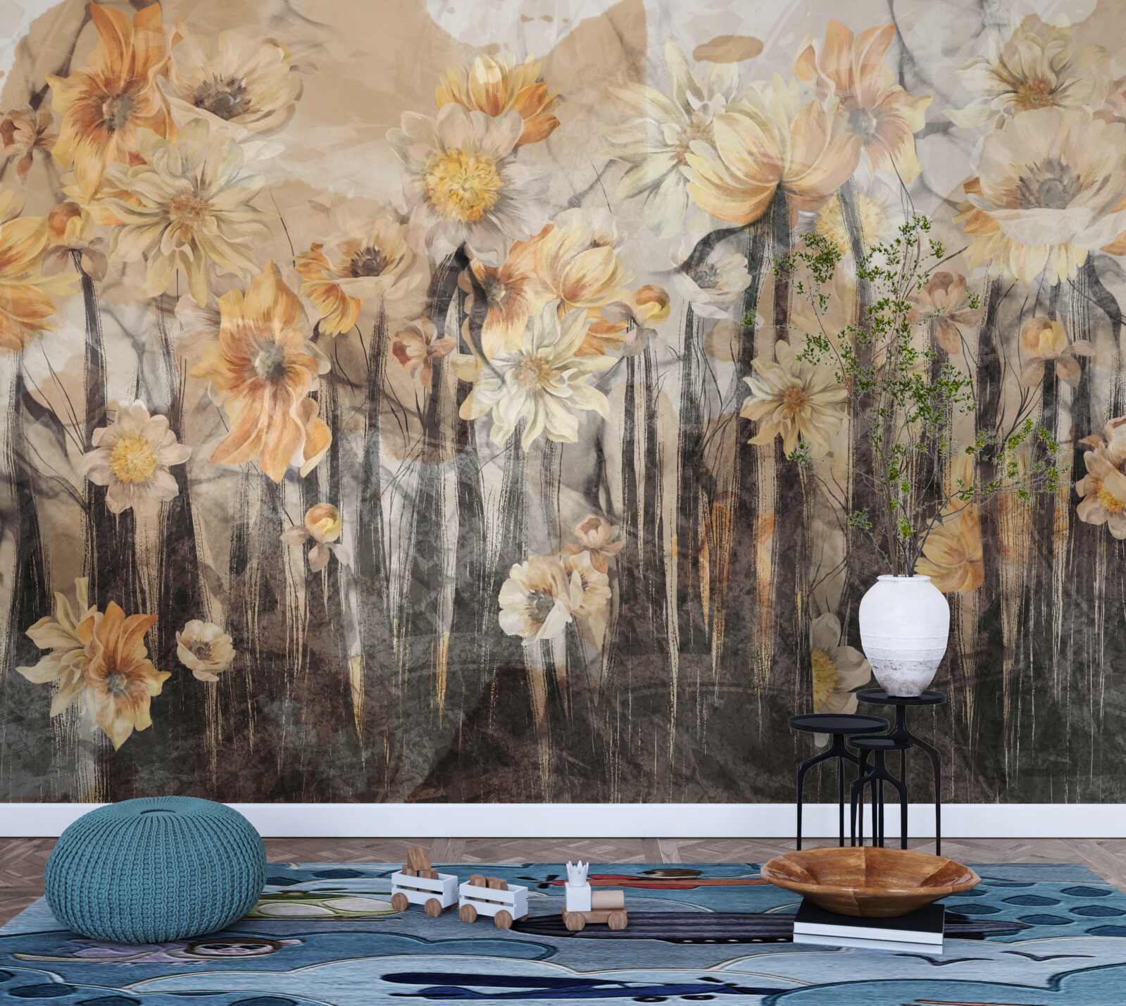 Fototapeta kvety vo vintage štýle na sivom podklade