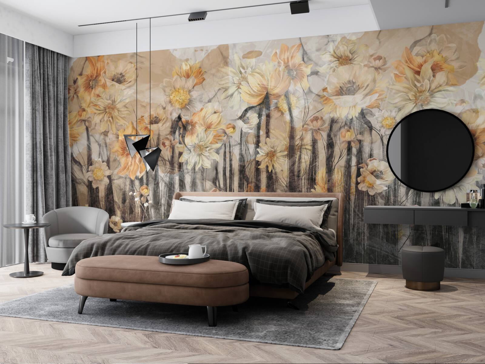 Fototapeta kvety vo vintage štýle na sivom podklade