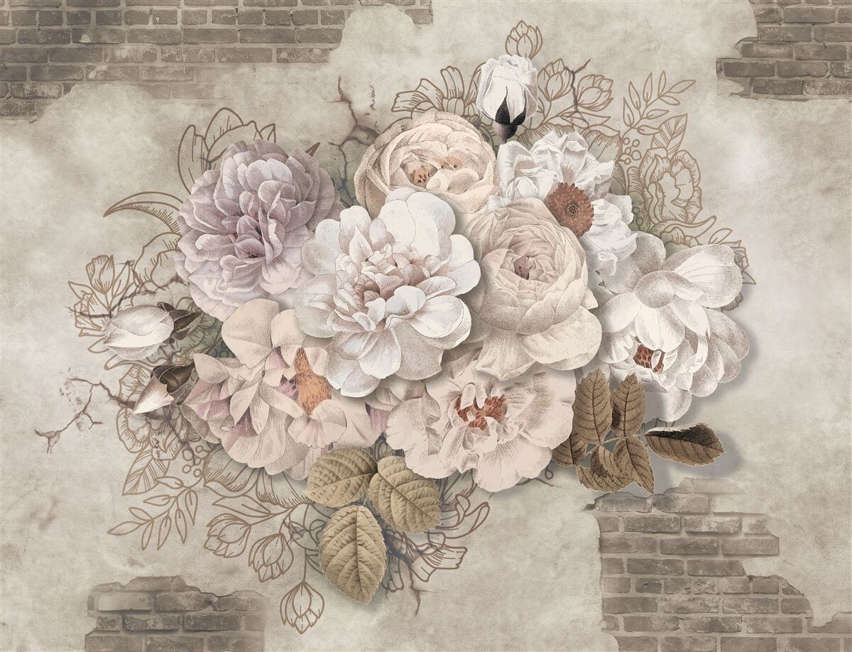 Fototapeta nádherné veľké ruže na tehlovej stene