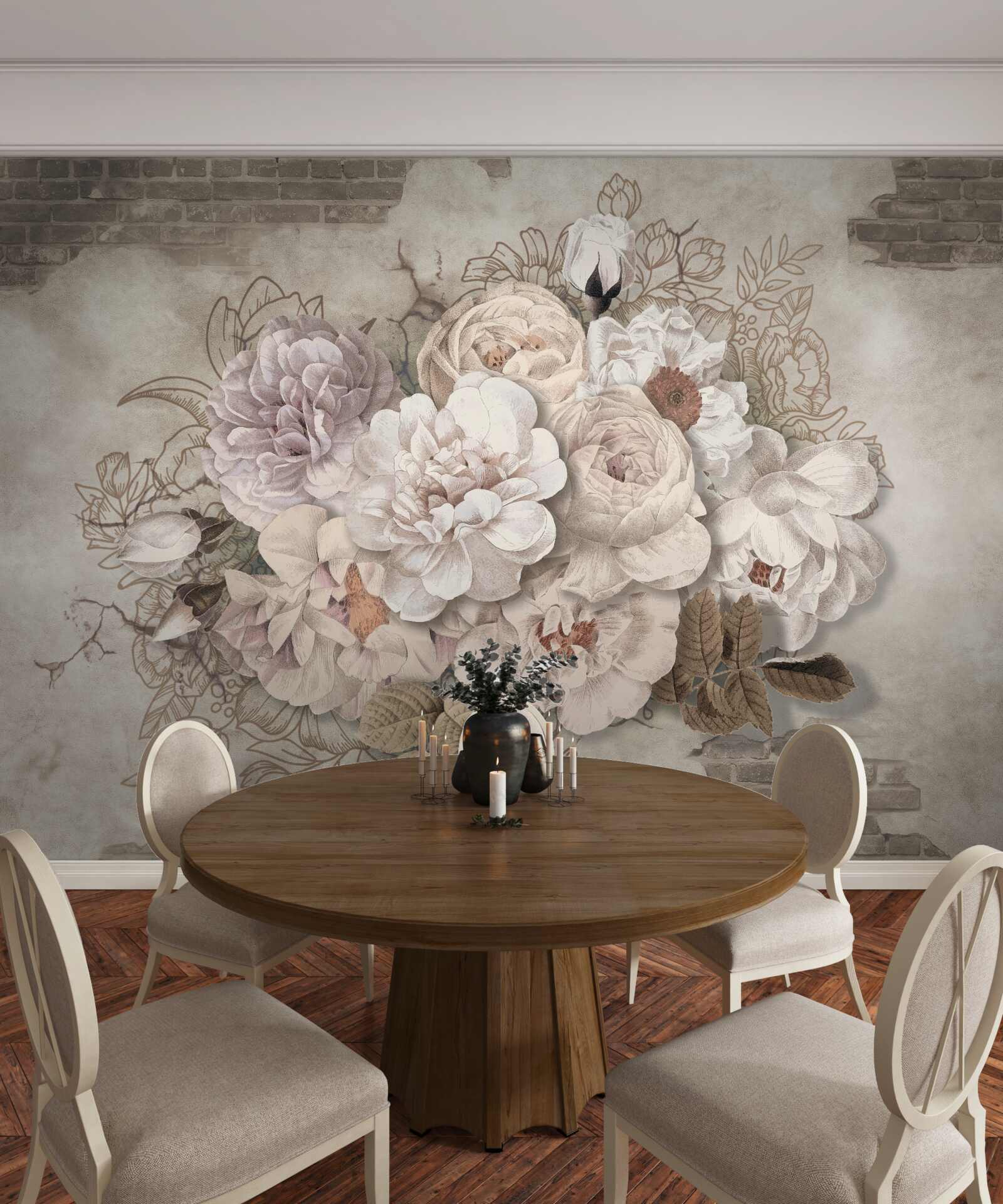 Fototapeta nádherné veľké ruže na tehlovej stene