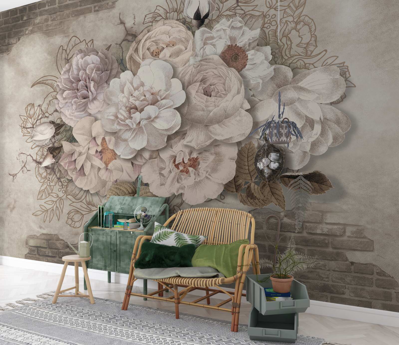 Fototapeta nádherné veľké ruže na tehlovej stene