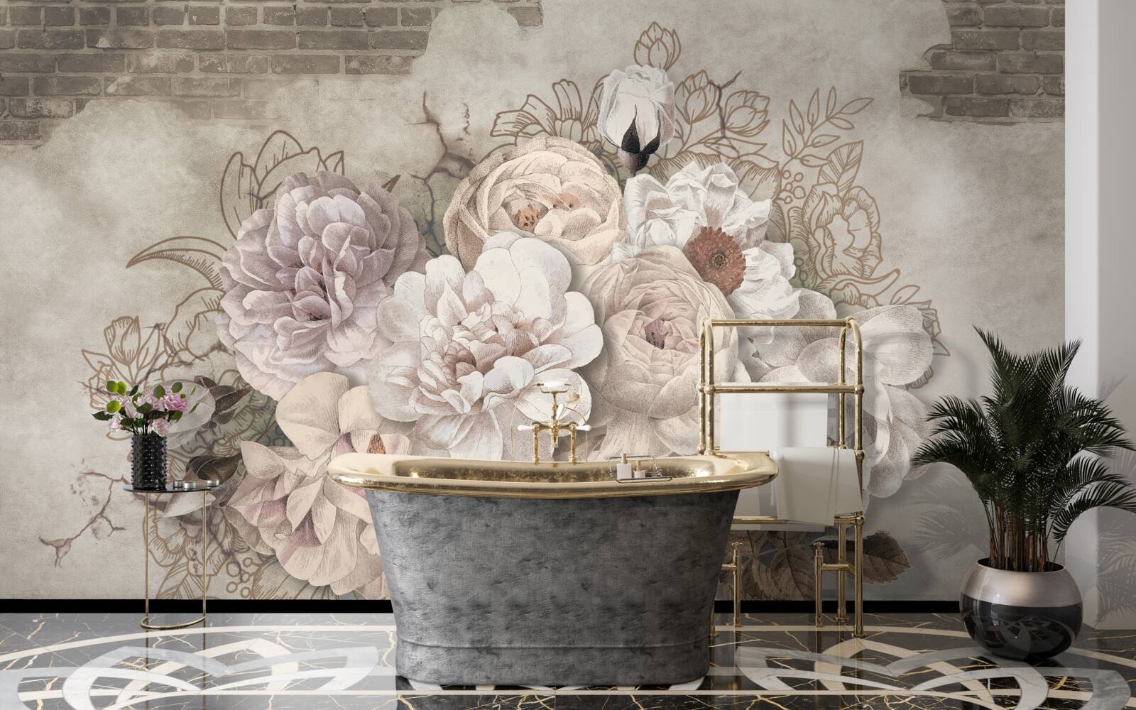 Fototapeta nádherné veľké ruže na tehlovej stene