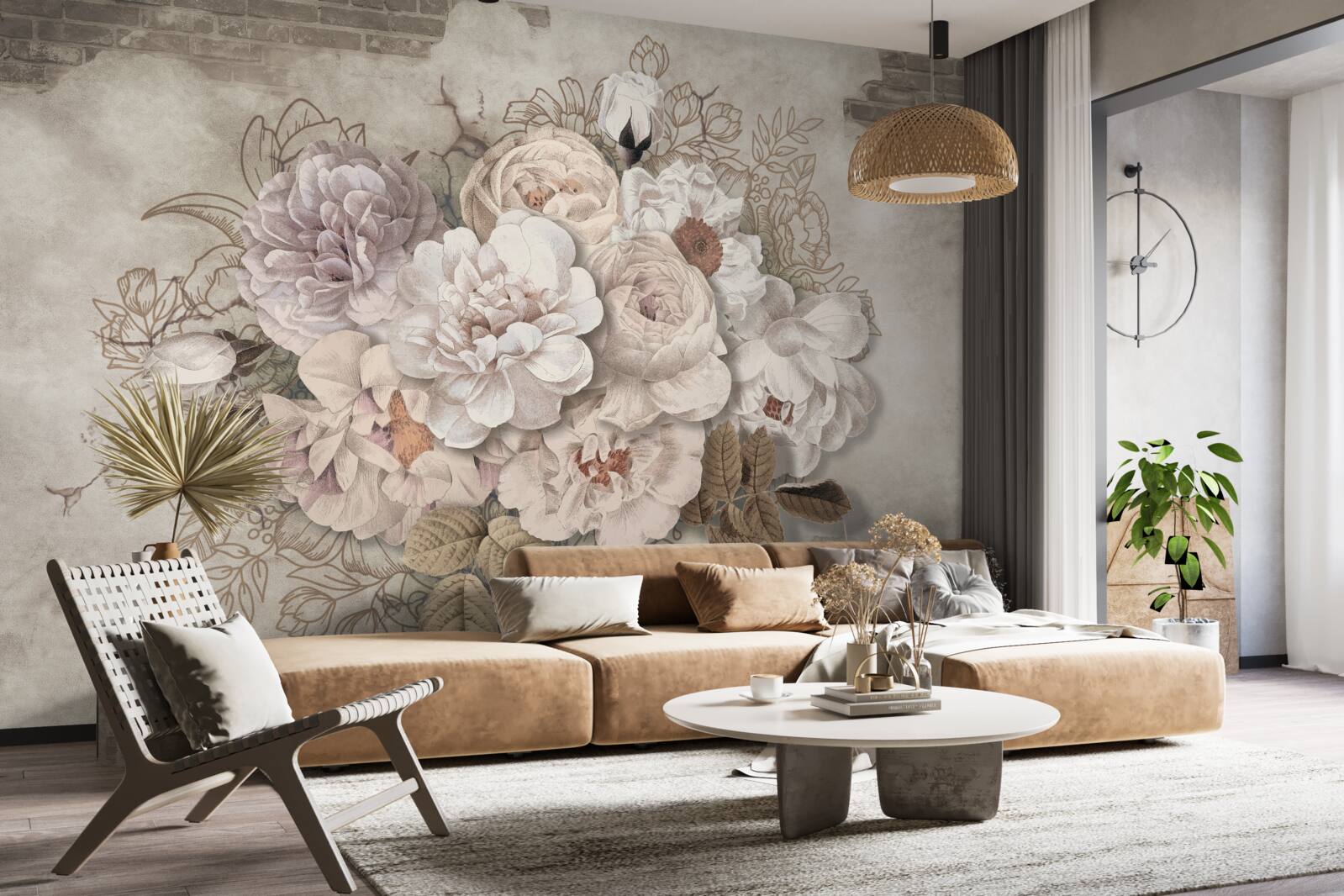 Fototapeta nádherné veľké ruže na tehlovej stene