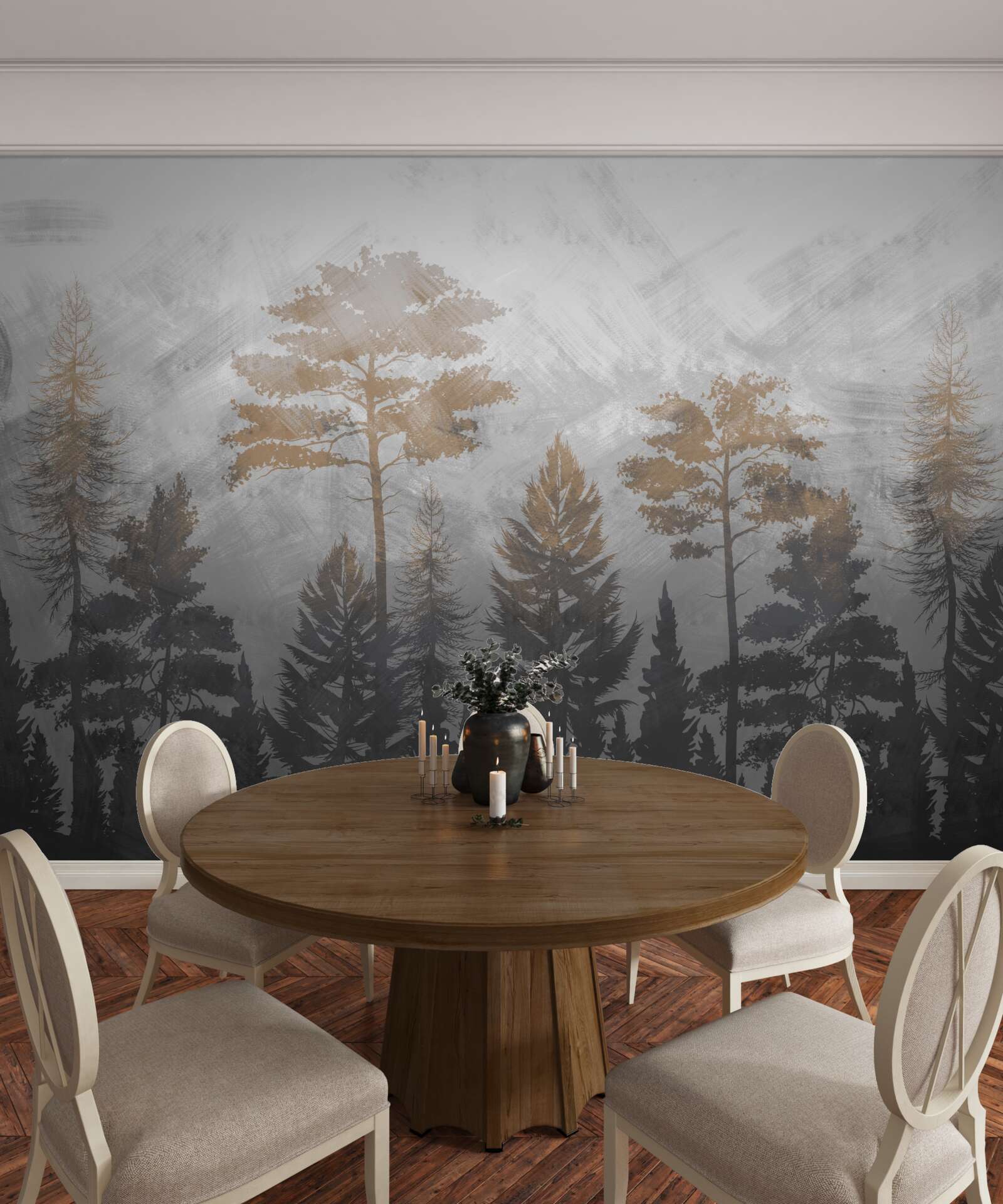 Fototapeta Slnečné lúče prenikajú cez lesnú hmlu