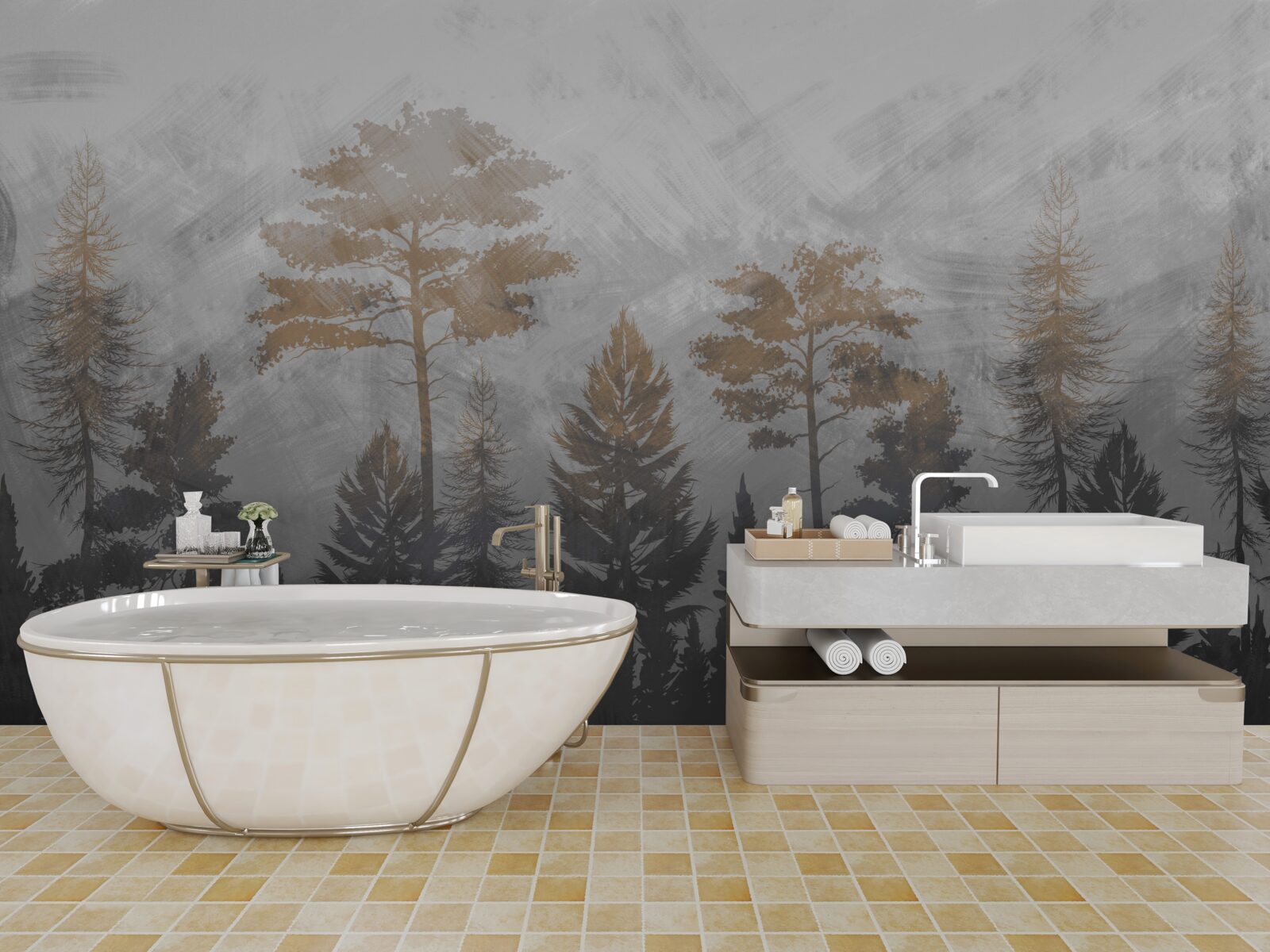 Fototapeta Slnečné lúče prenikajú cez lesnú hmlu