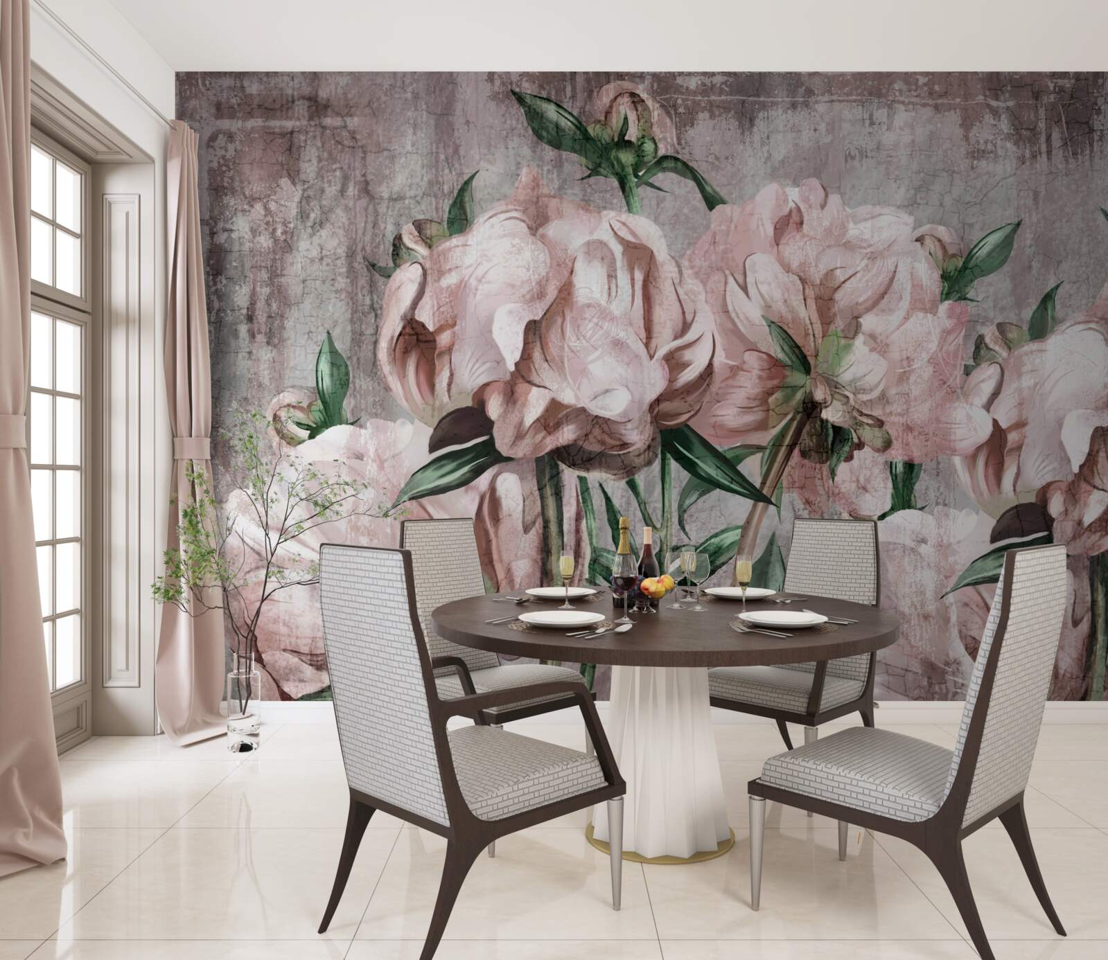 Fototapeta betónovú stenu zdobia pastelové ruže