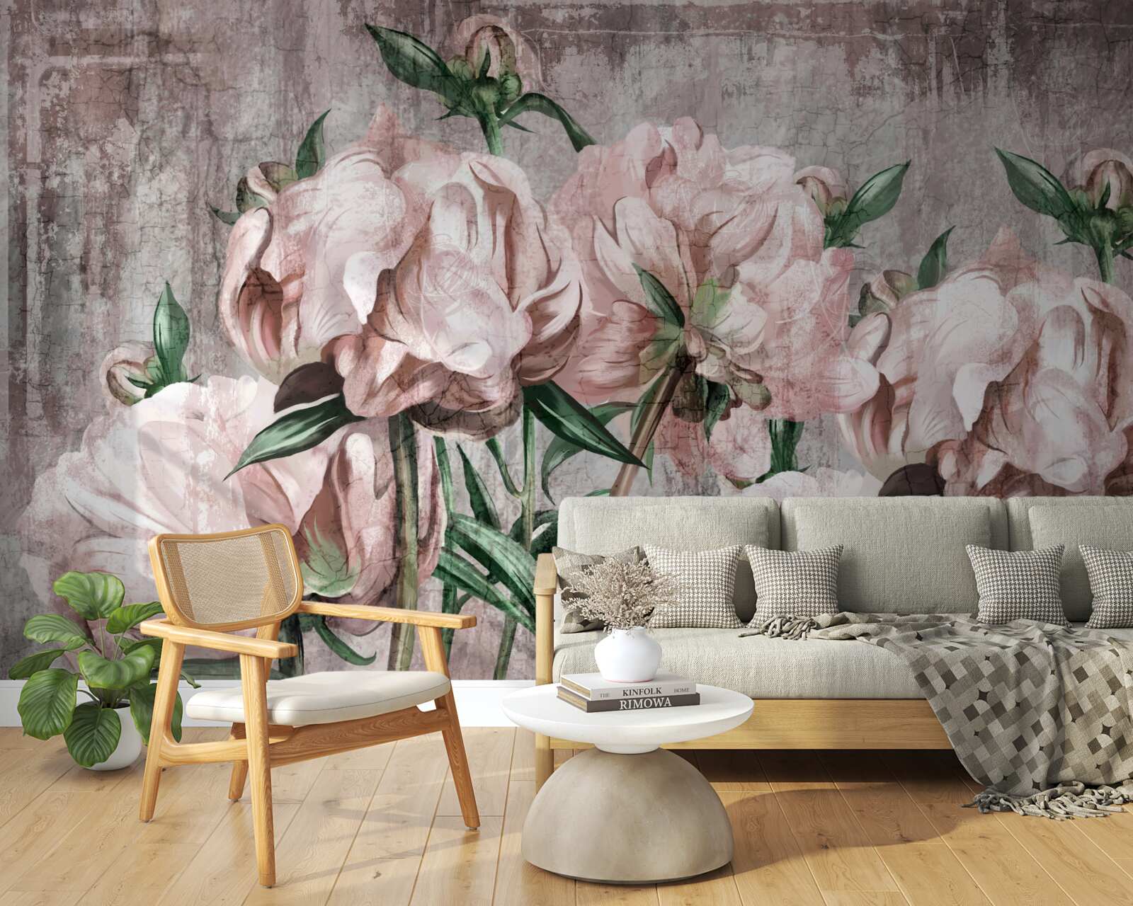 Fototapeta betónovú stenu zdobia pastelové ruže