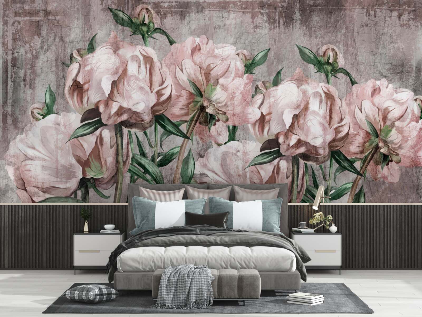 Fototapeta betónovú stenu zdobia pastelové ruže