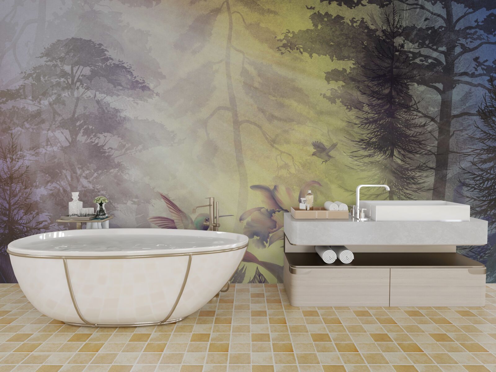 Fototapeta les listnatých stromov pod lúčmi slnka