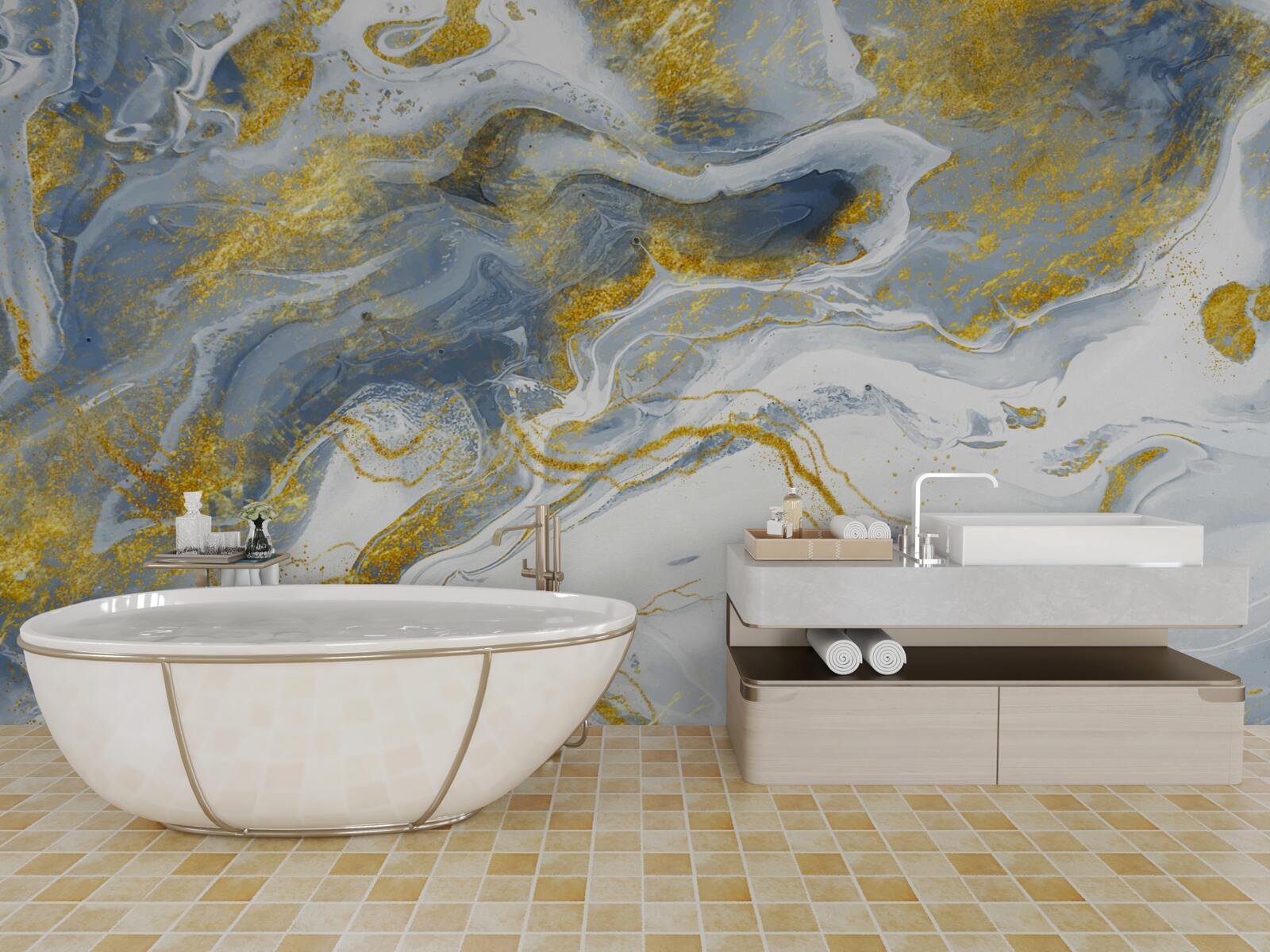 Fototapeta modrý mramor so zlatou intarziou