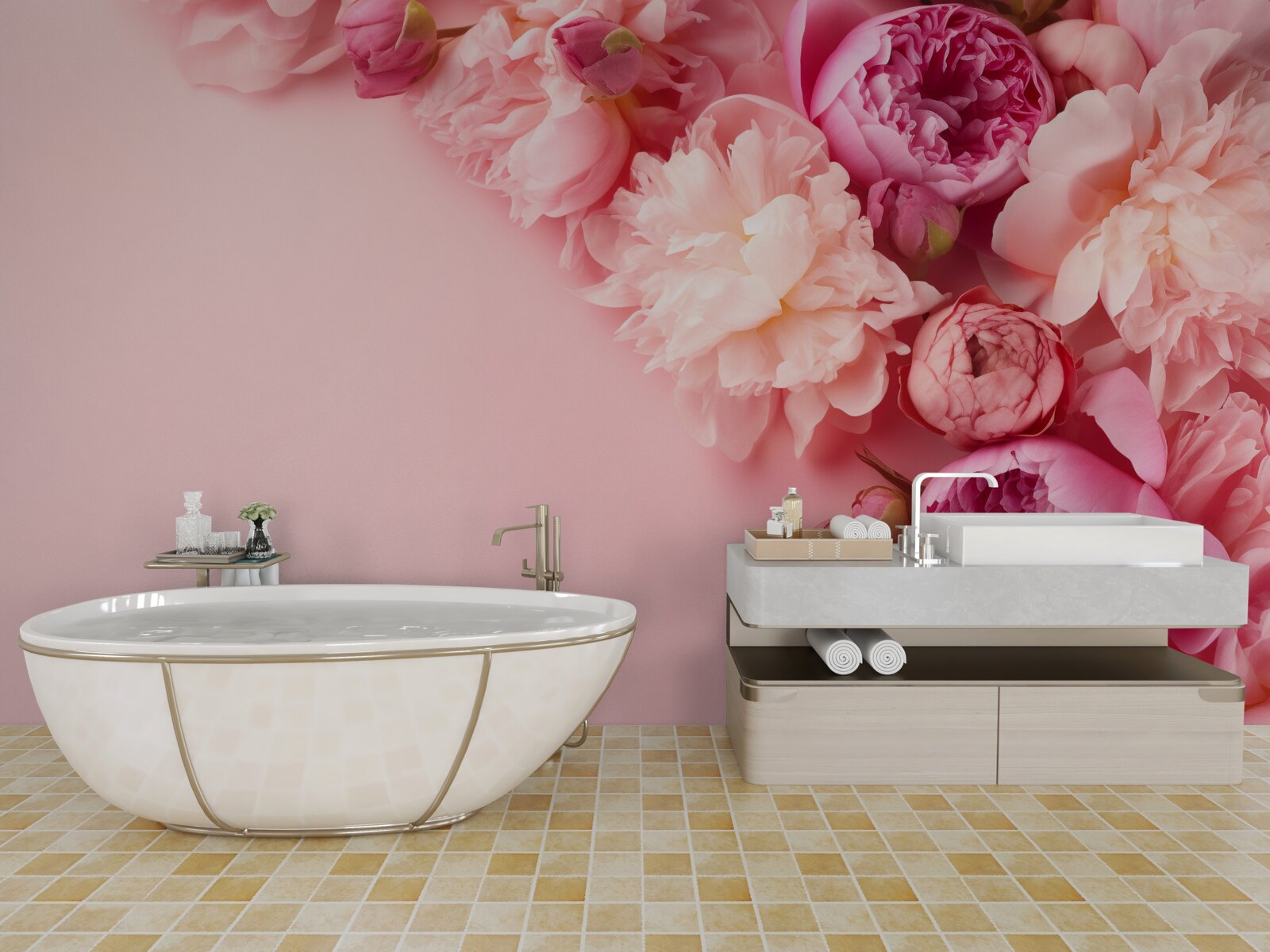 Fototapeta rôzne ružové kvety na pozadí rovnakého odtieňa