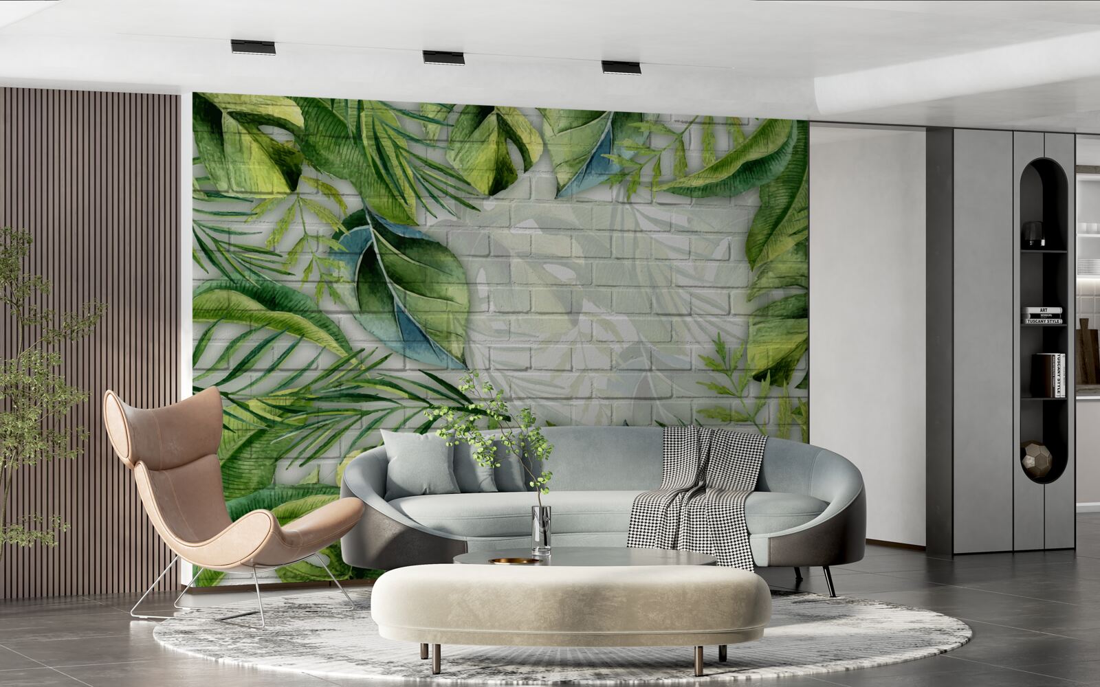 Fototapeta tropická zeleň na tehlovej stene