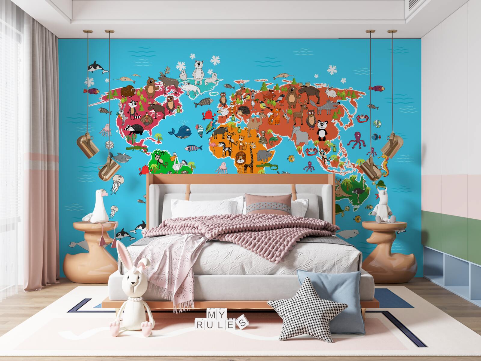 Fototapeta veľké množstvo zvierat na mape sveta so živými detailmi