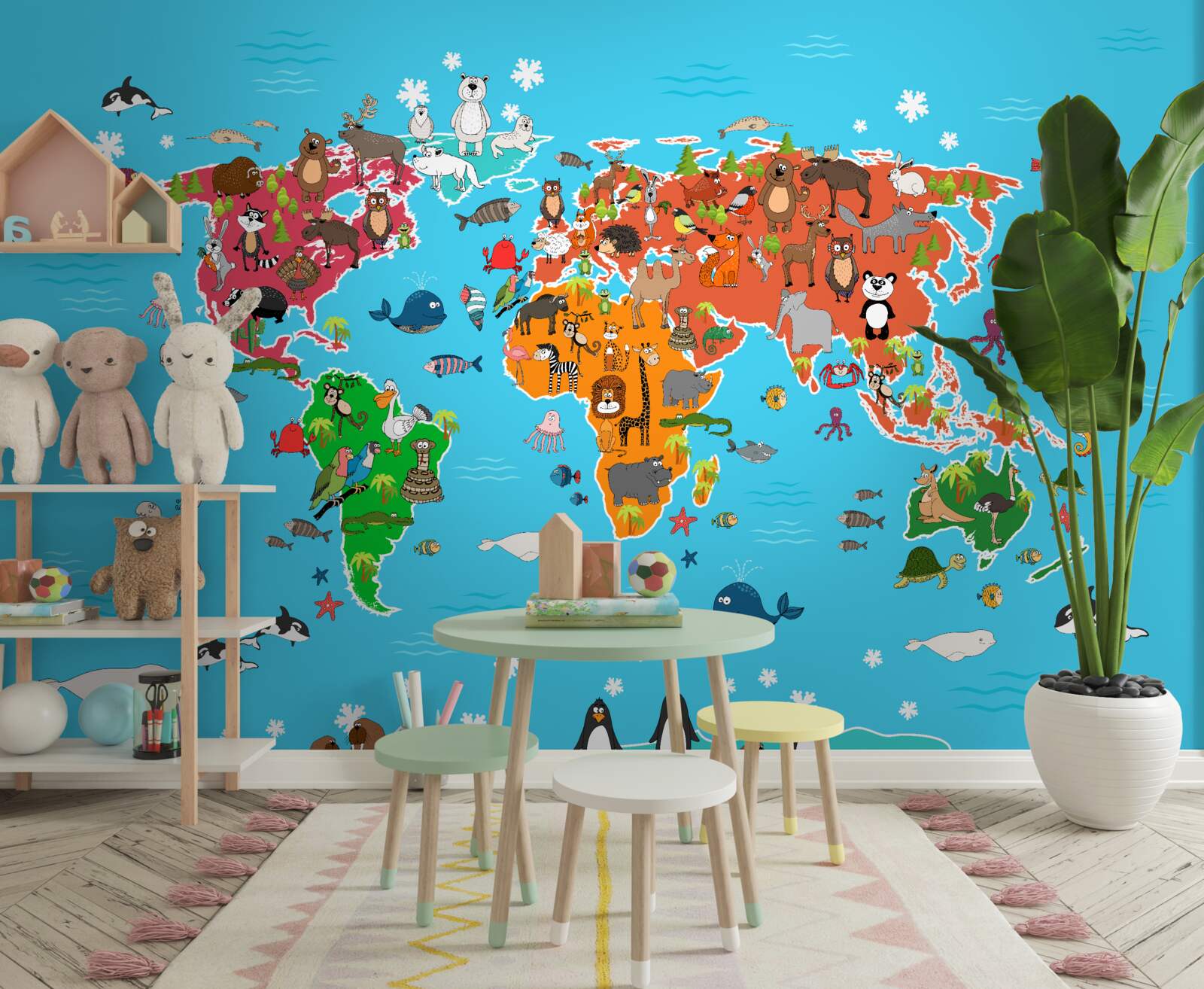 Fototapeta veľké množstvo zvierat na mape sveta so živými detailmi